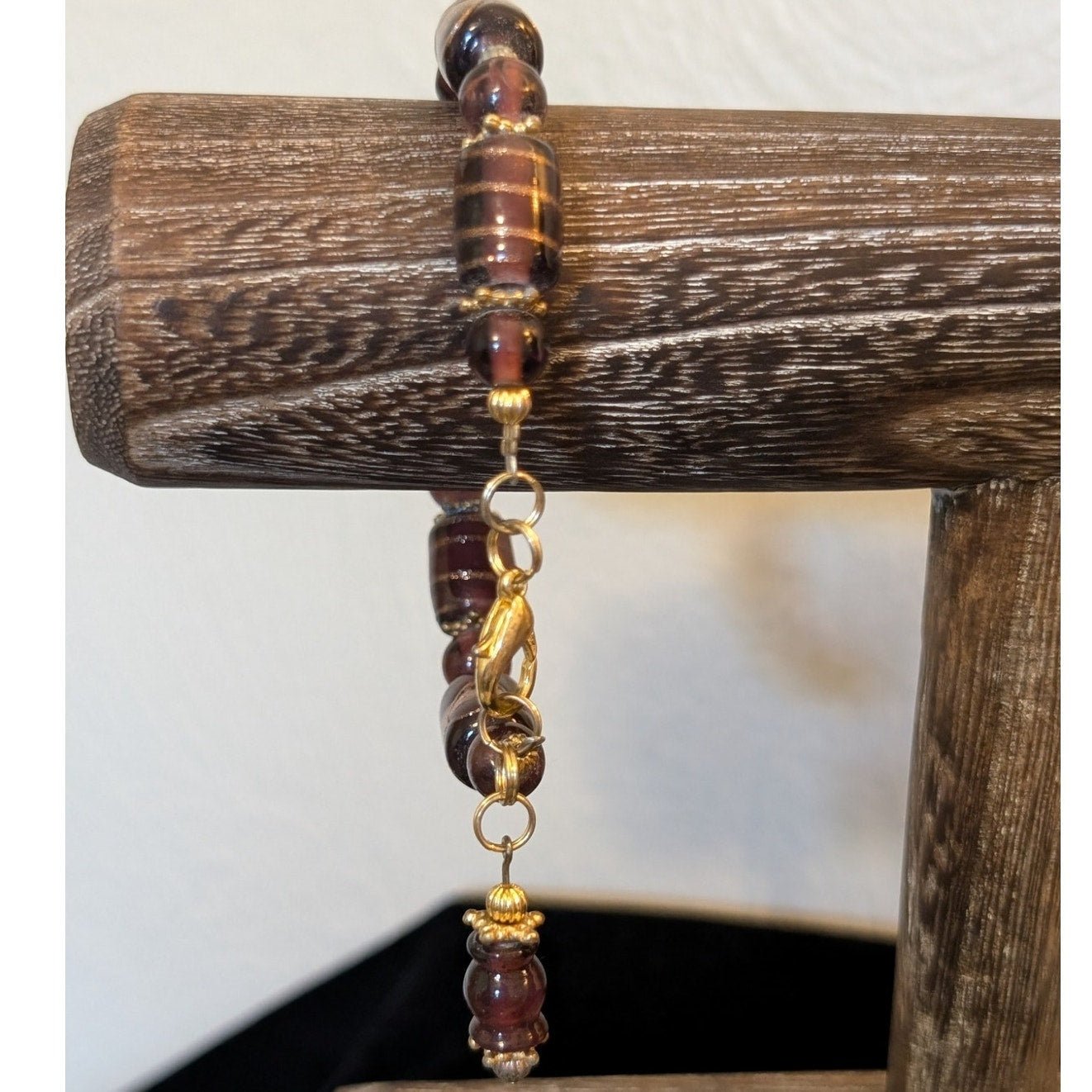 Gold Foil Purple Glass Artisan Beaded Bracelet W/ Bead Dangle