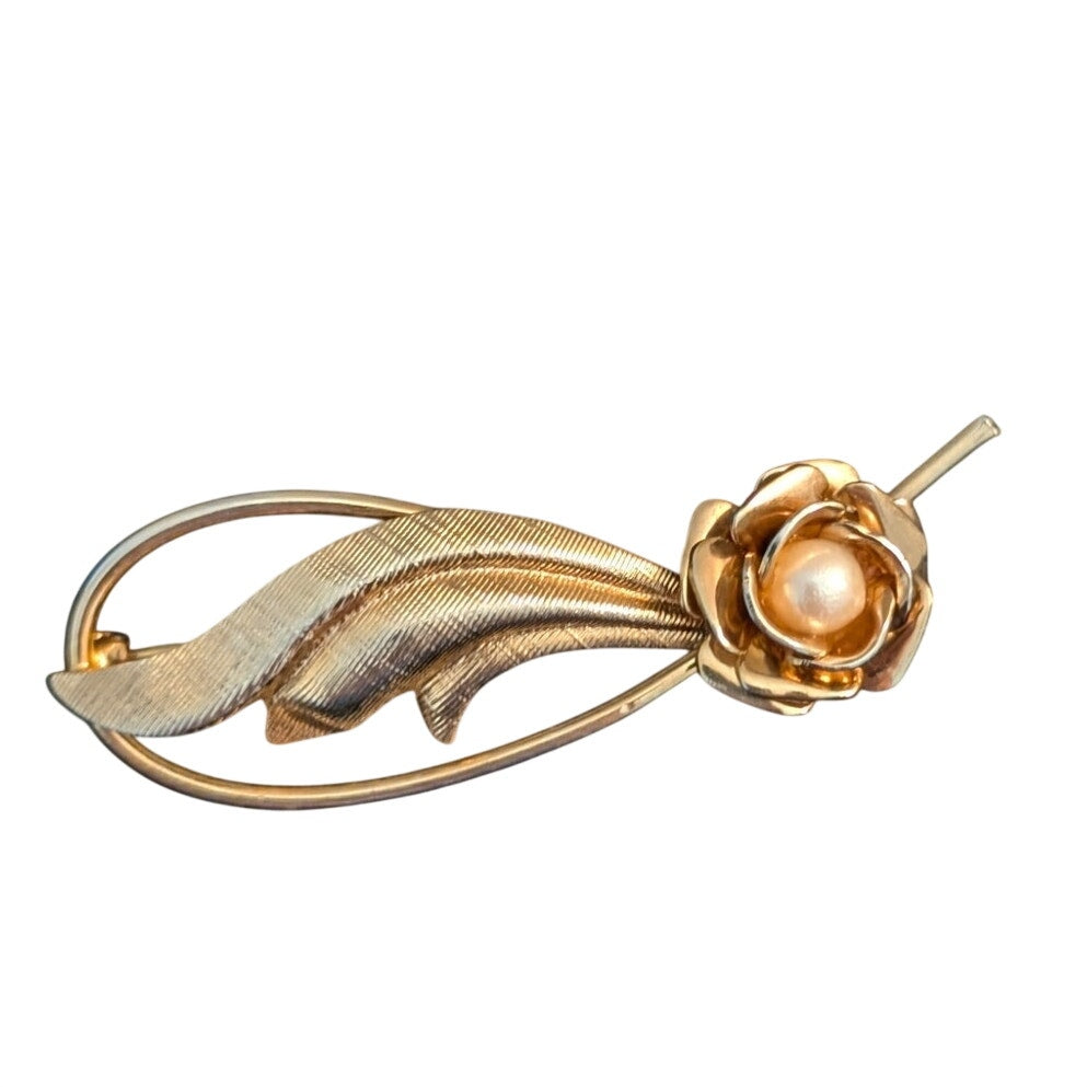 Vintage Marked 12K Gold Filled Faux Pearl Etched Leaf Brooch