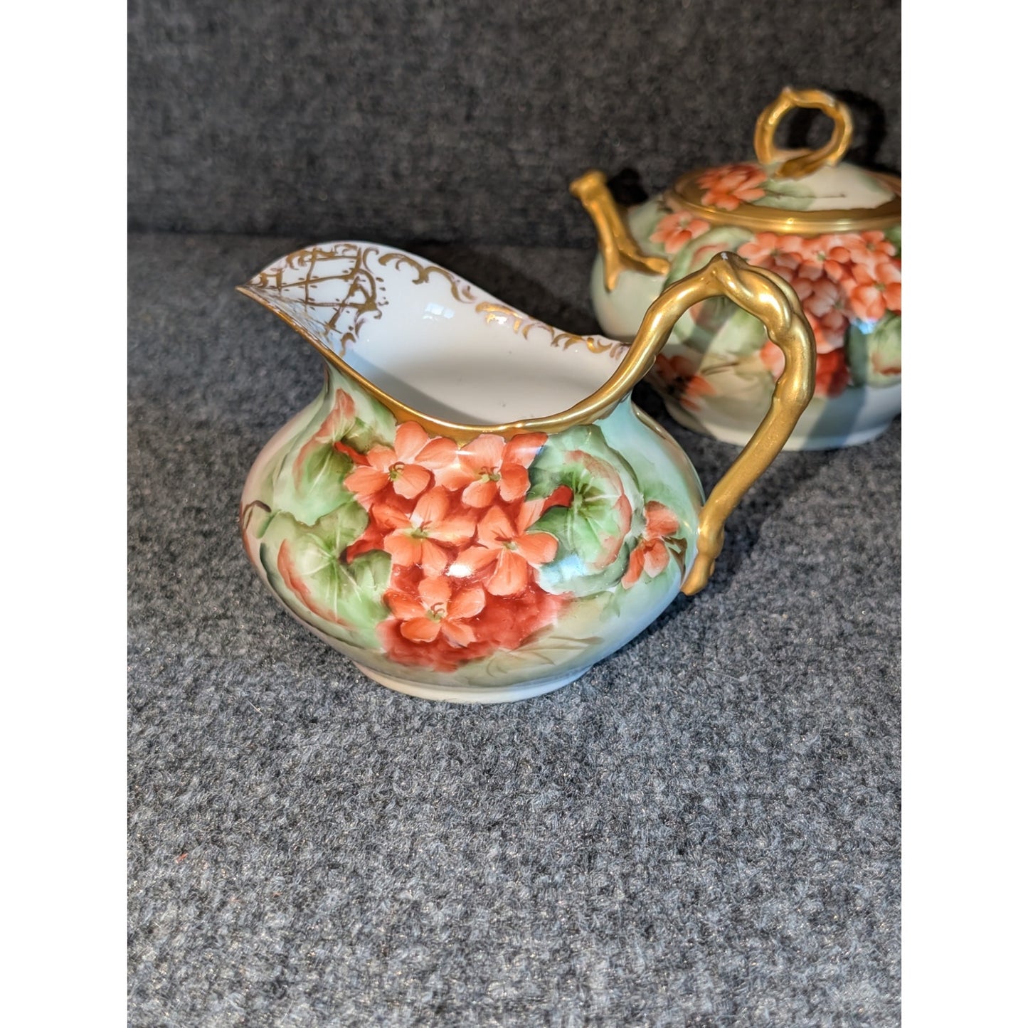 Antique Jean Pouyat Limoge Made in France Hand-Painted Sugar & Creamer Set