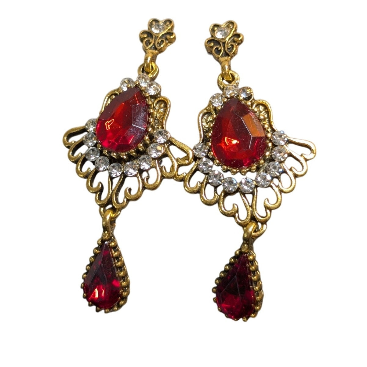 Teardrop Red Crystal Antique Gold Tone Rhinestone Dangle Drop Earrings