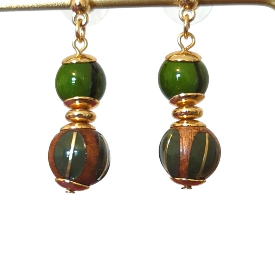 Green/Brown Bead Dangle Post Earrings