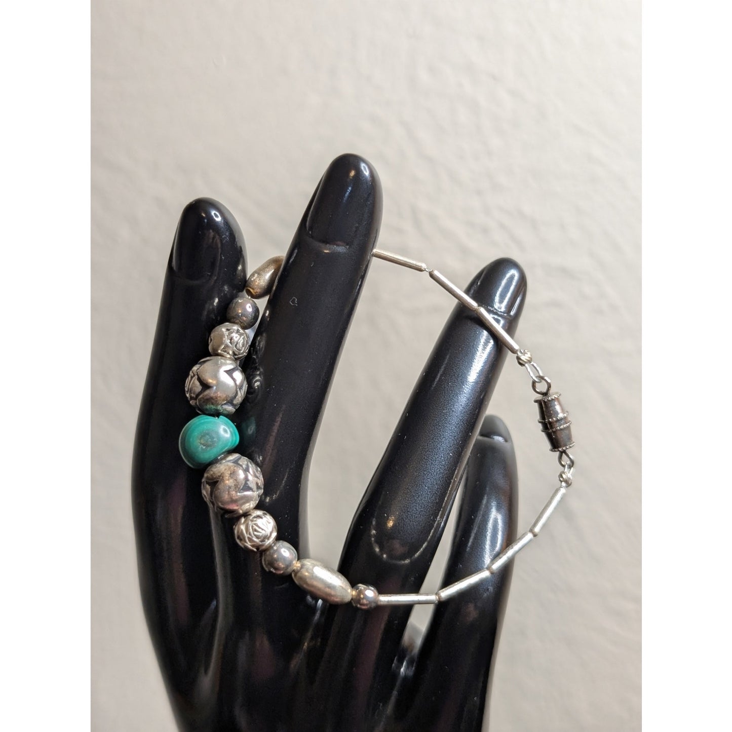 Vintage Liquid Silver Malachite Rose Bead Barrel Clasp Bracelet
