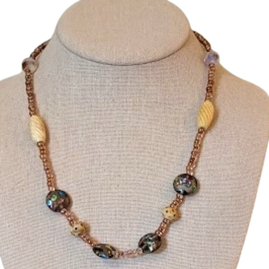 Vtg Murano Glass & Carved Beads With a Hook Clasp 18" Necklace
