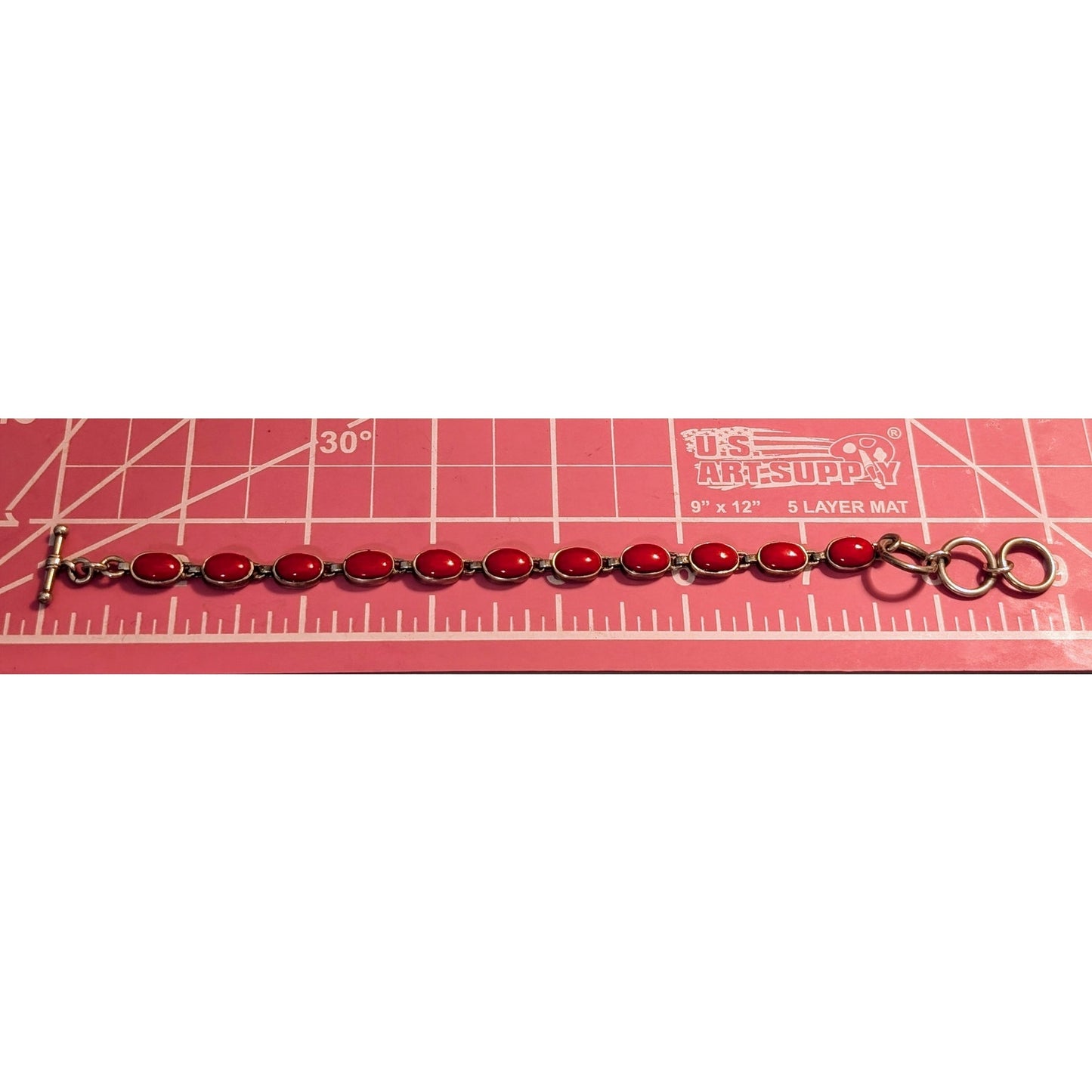 925 Sterling Silver Brilliant Red Coral Toggle Bracelet