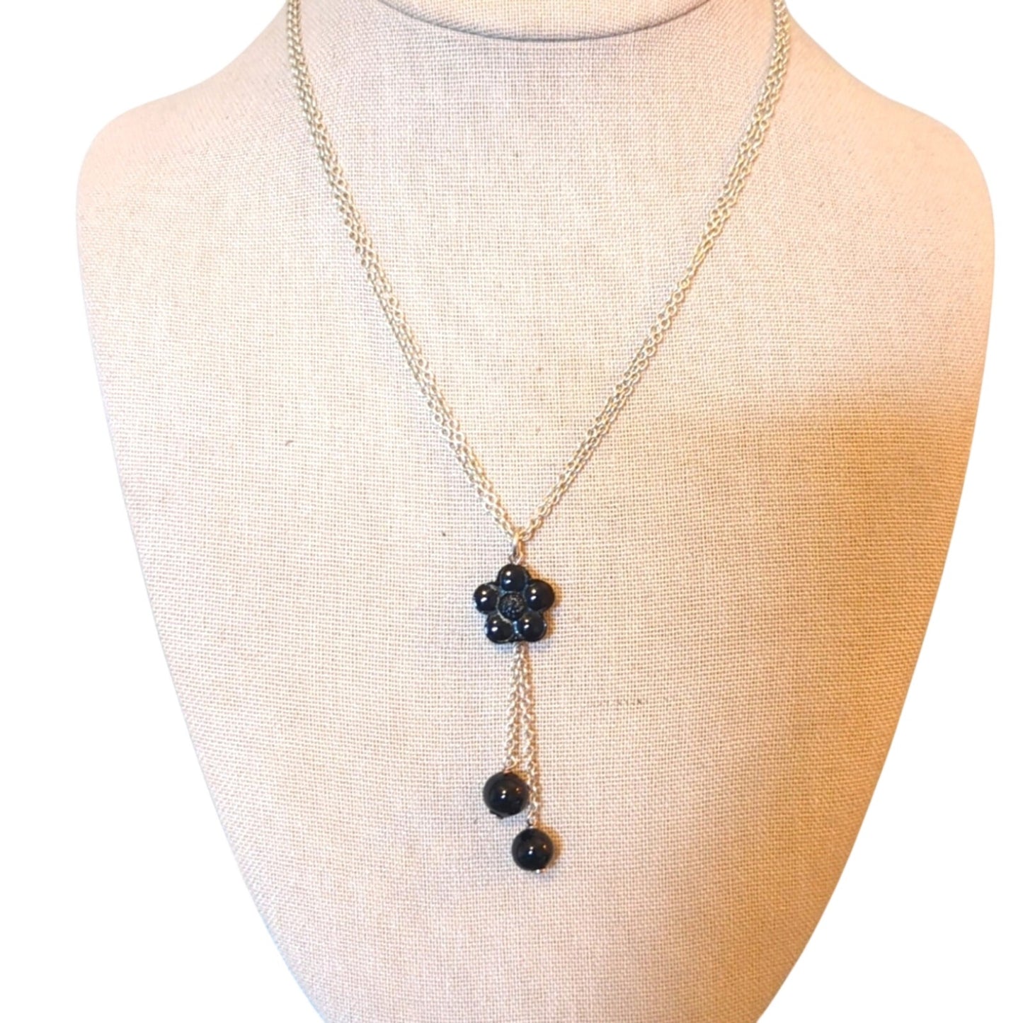 Double Strand 925 Sterling Silver Chain with Black Glass Beads