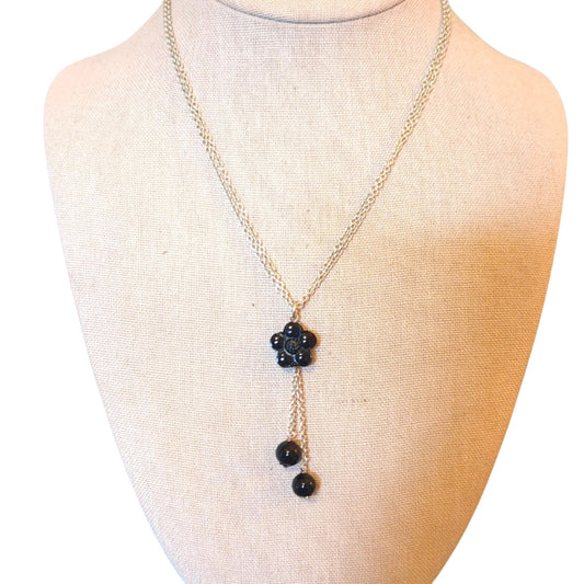 Double Strand 925 Sterling Silver Chain with Black Glass Beads