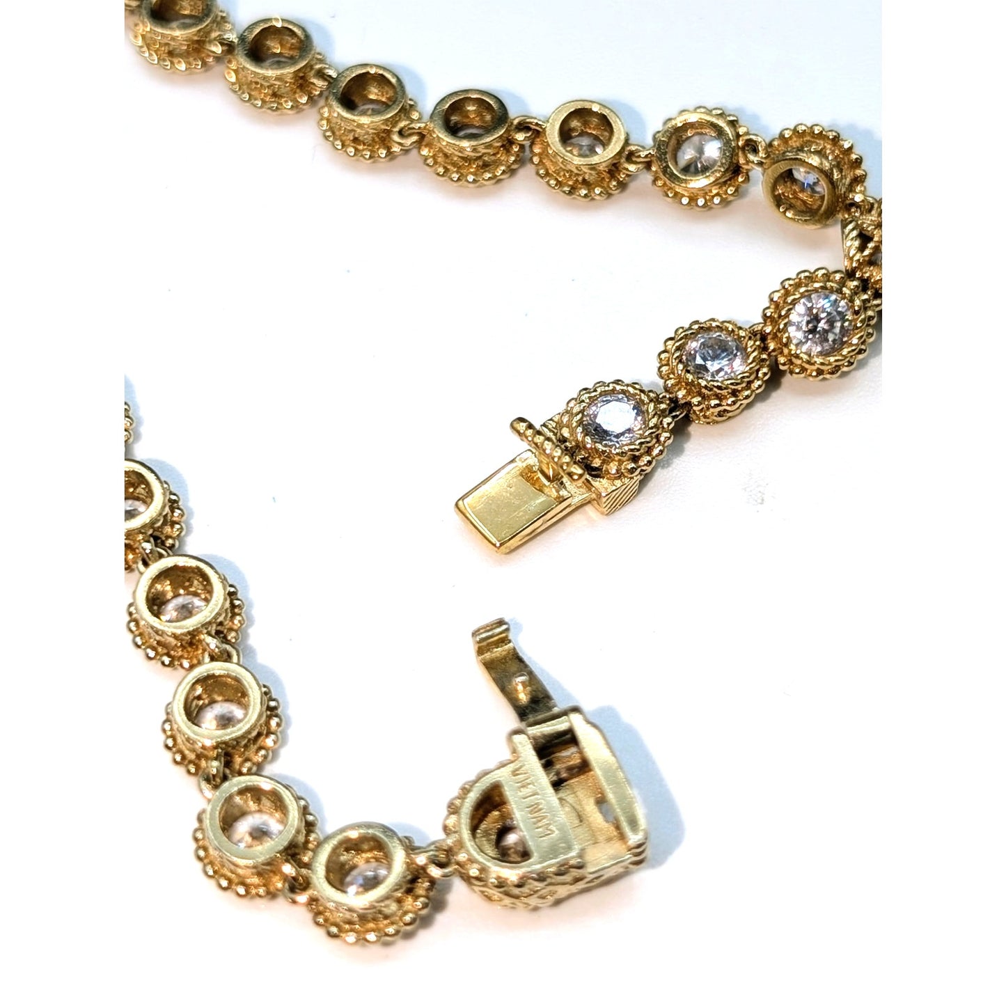 Vintage 925 Vermeil Round Beaded Bezel Set CZ Tennis Bracelet