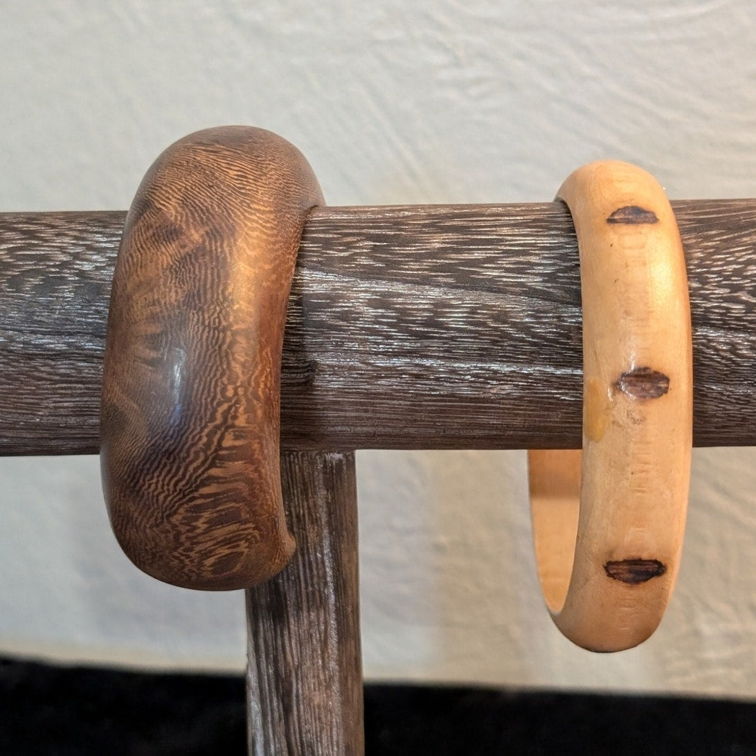 Vintage Chunky Wooden Cuff & Light Notched Wooden Bangle Bracelet