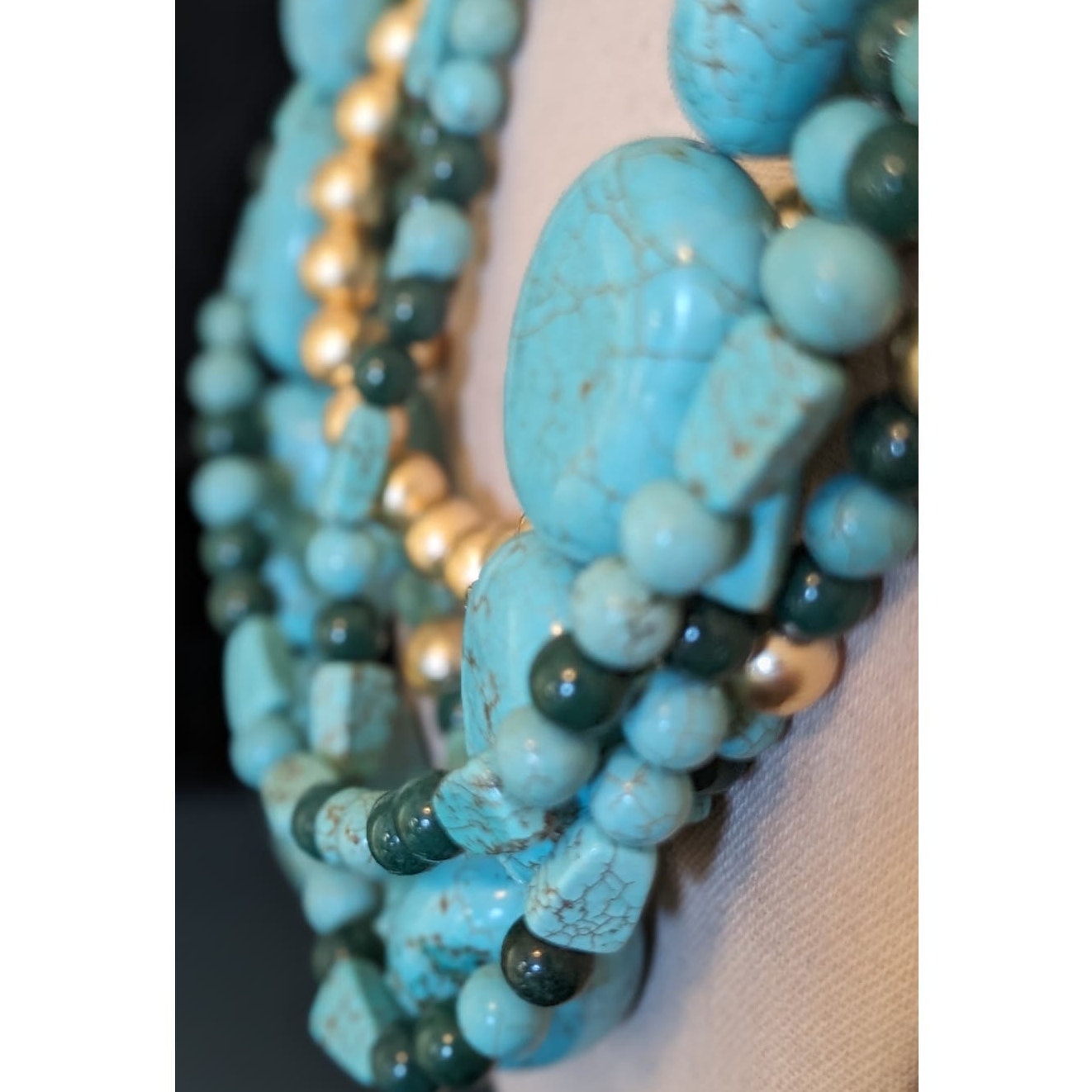 Chunky Blue Green Stone Gold Bead Multi-Strand Heavy Statement Necklace
