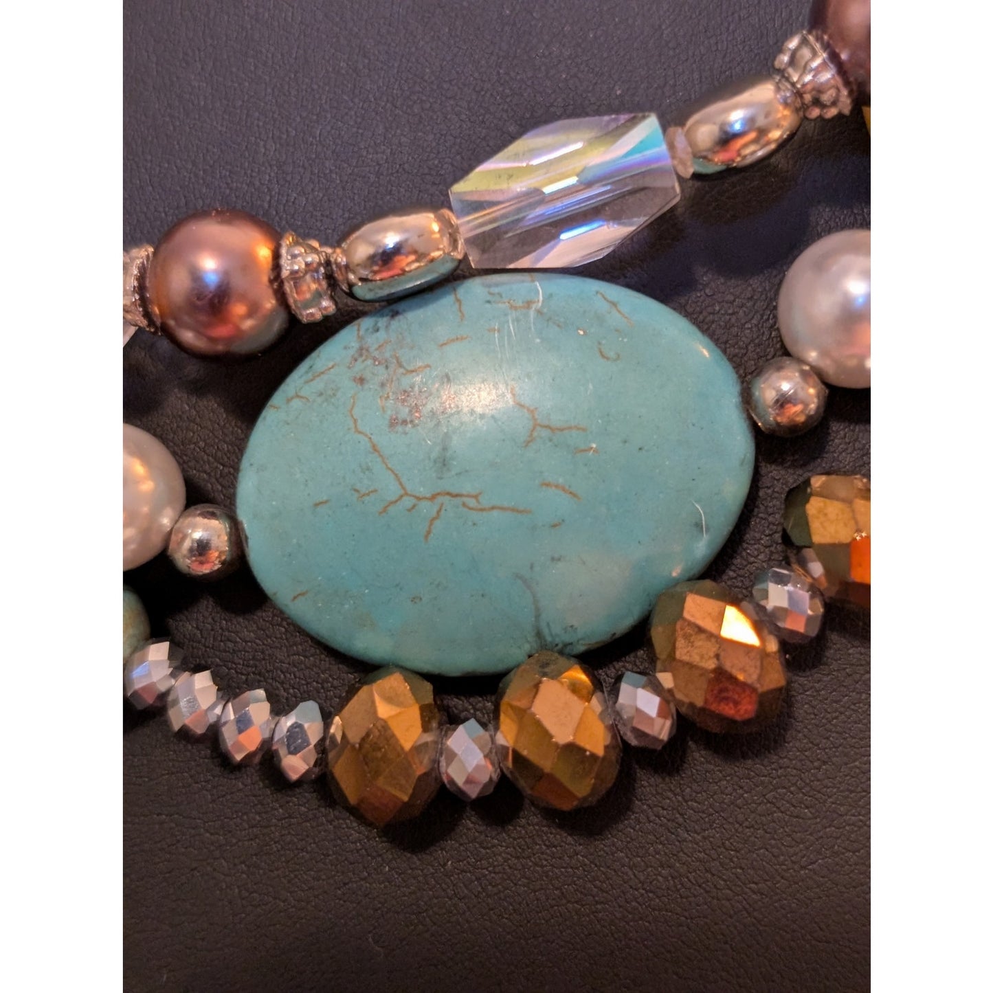 Southwest Layer Triple Strand Stone Crystal Bead Jeweled 20"-22.5" Necklace
