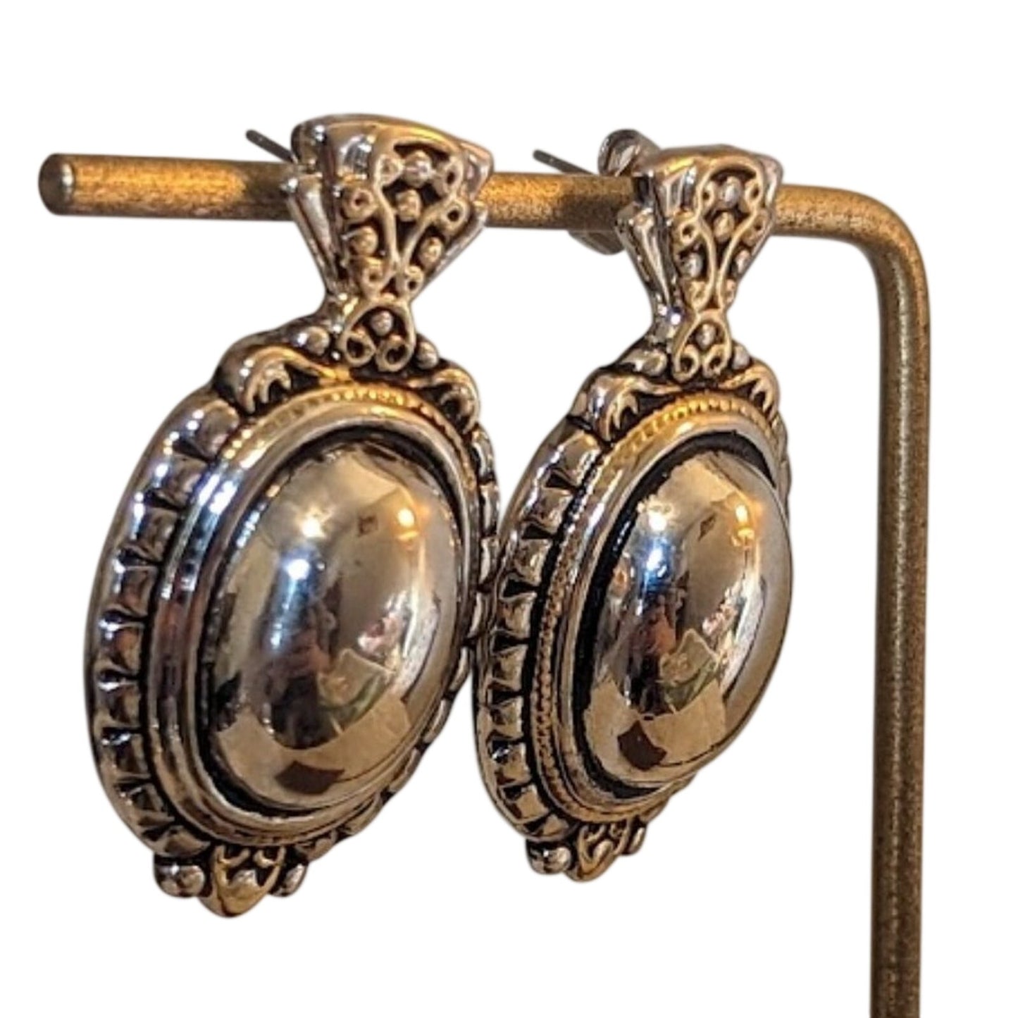 Two Toned Large Oblong Domed Pierced Earrings