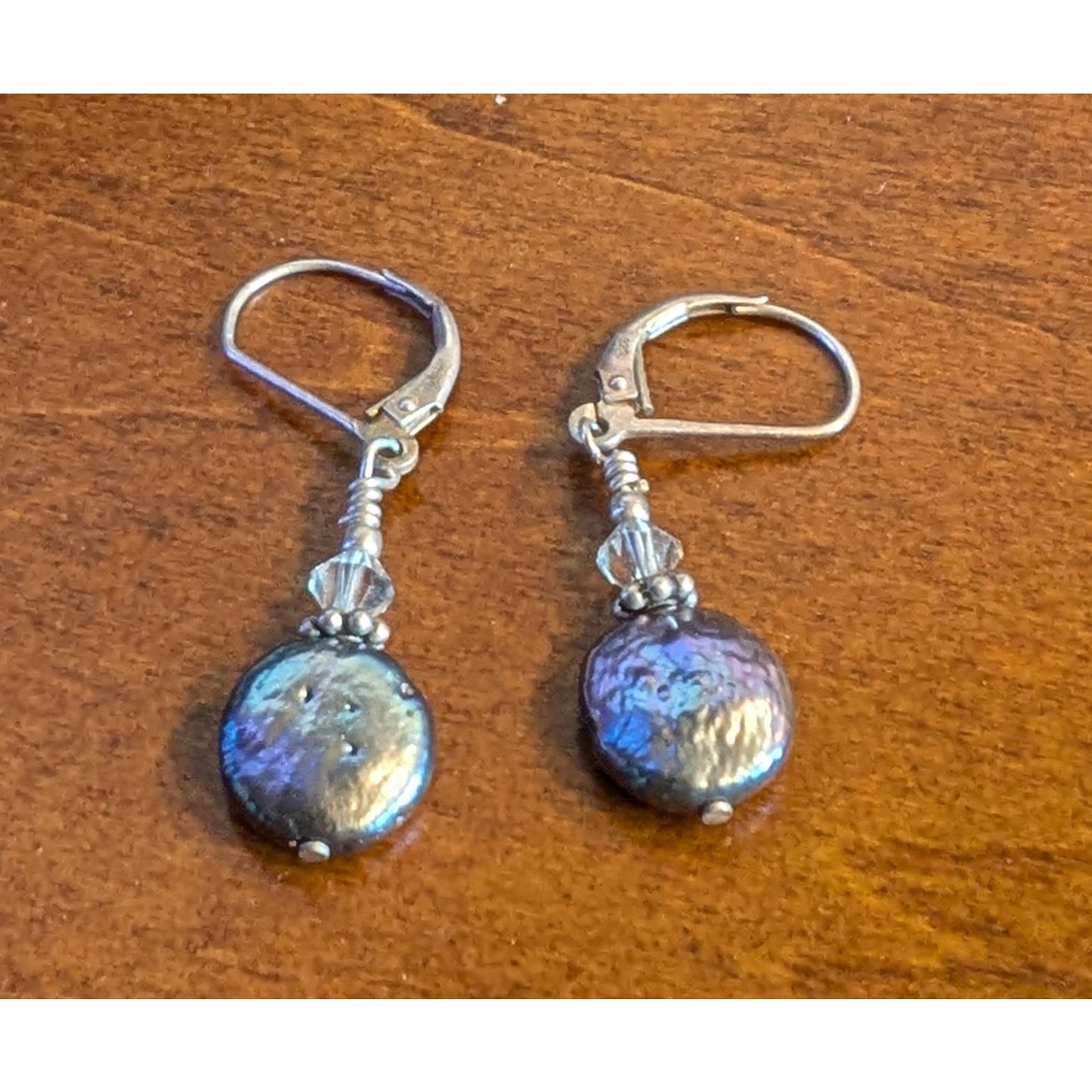Natural Peacock Flat Coin Dangling Pearl 925 Sterling Silver Lever Back Earrings