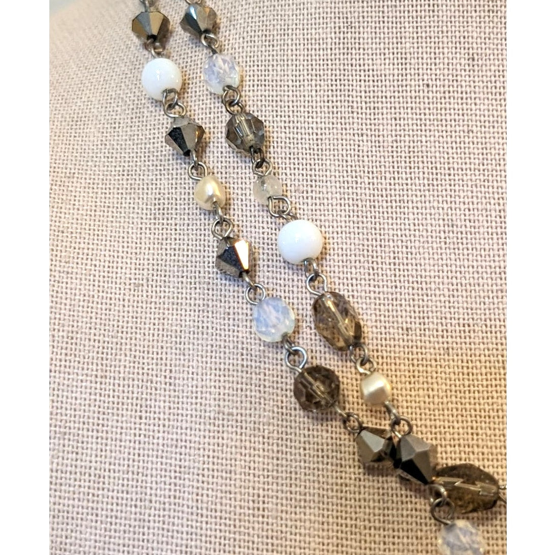 Double Strand Crystal Glass Beaded Faux Pearl Chain Necklace W/ Teardrop Pendant