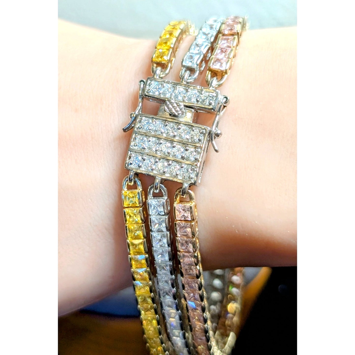 PJM 925 Sterling Pink Yellow Clear Princess Cut Three Strand Tennis Bracelet