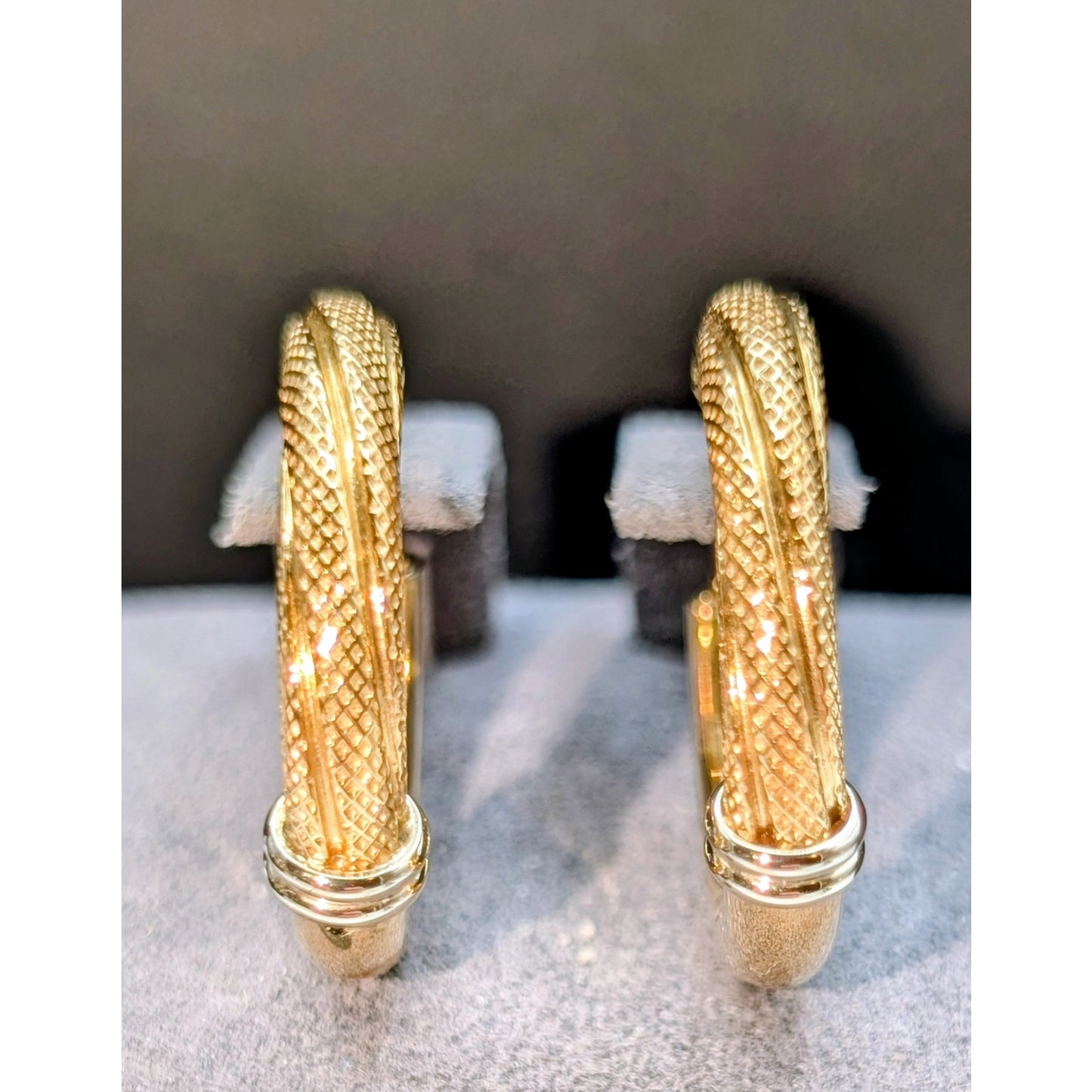 18K Italy Yellow Gold (White Gold Bands 2 Toned) Textured Polished Hoop Earrings