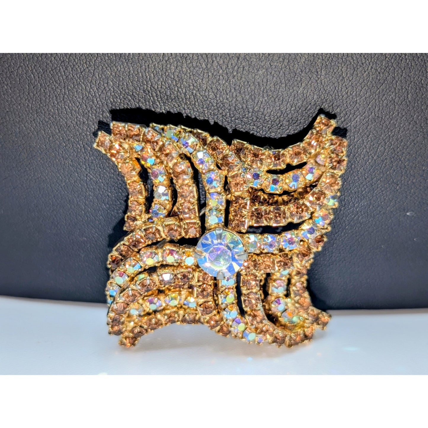 VTG 60s Kramer Gold Tone Vortex Wave Style Topaz & AB Rhinestone Pin Brooch