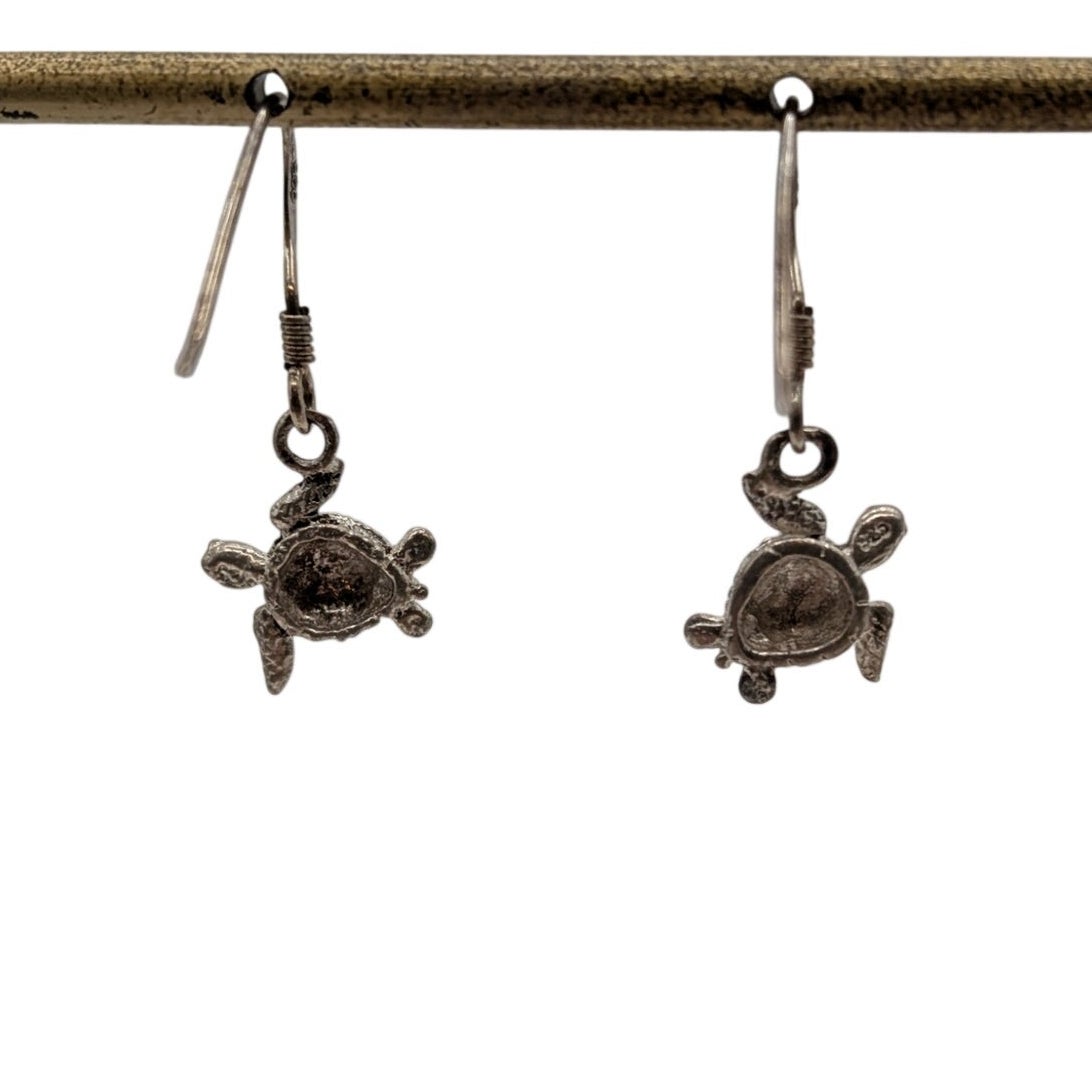 925 Sterling Silver Tiny Turtle Dangle Ear Wire Earrings