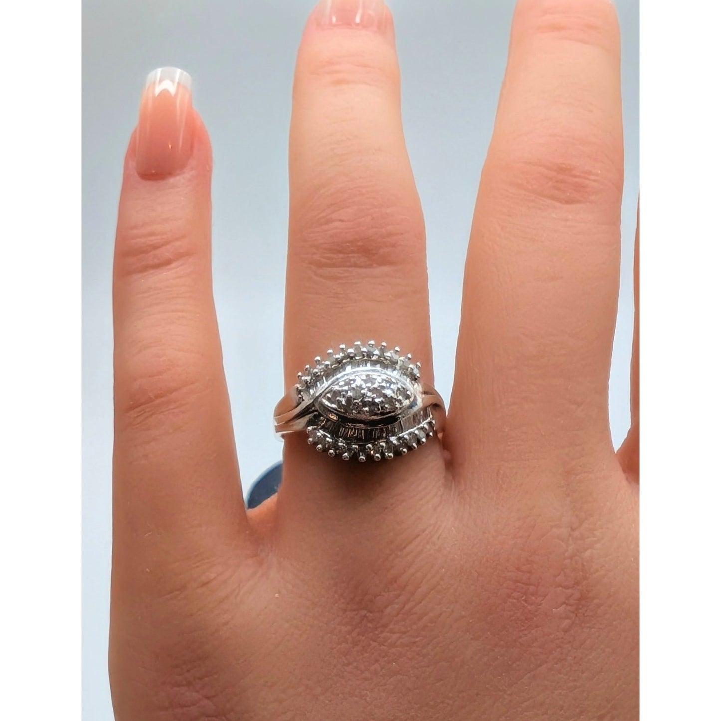 925 Sterling Silver Baguette & Round Diamond Ring Size 7