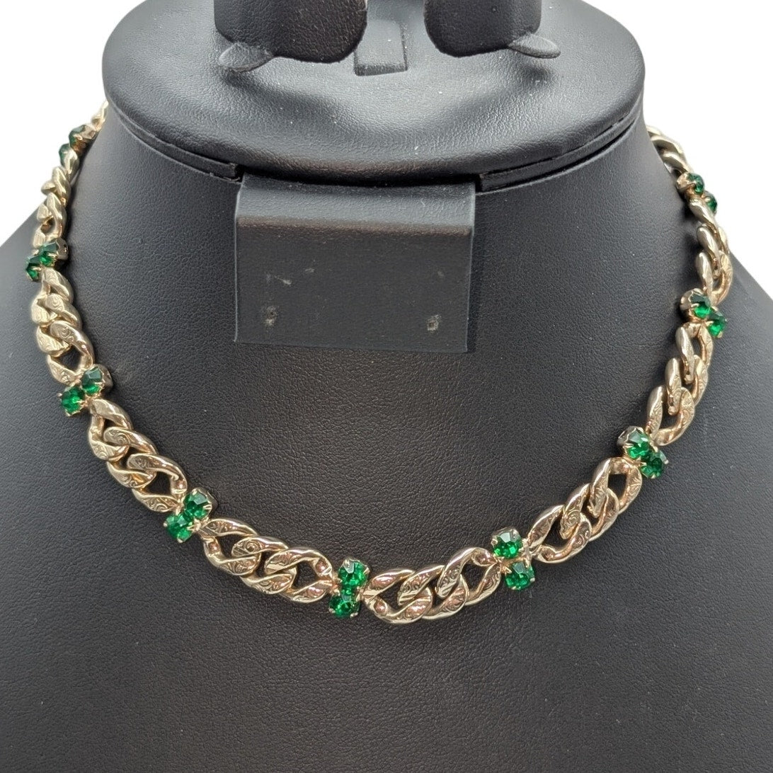 VTG Brookraft Emerald Green Rhinestone Embossed Goldtone Chain Choker Necklace