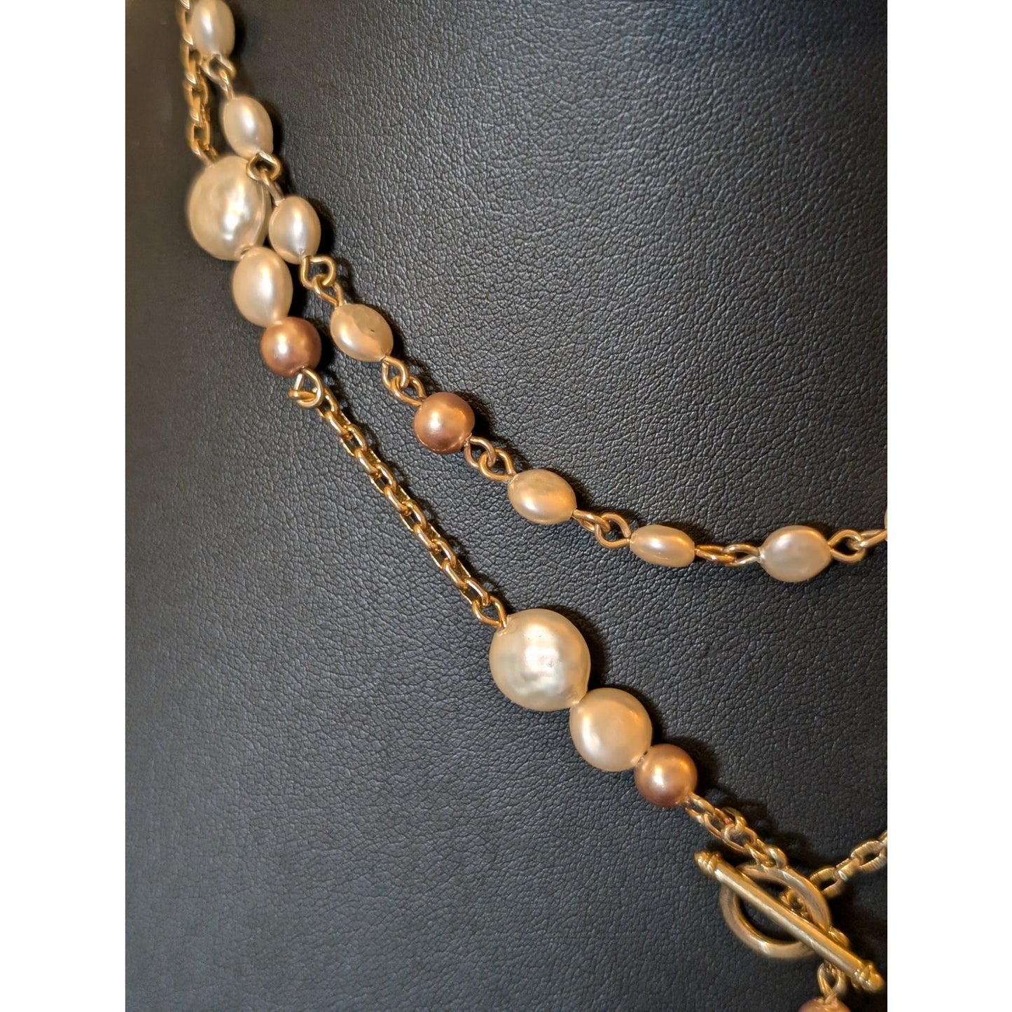 Vintage Anne Klein Double Strand Champagne Penny Coin Pearl Dangle Necklace