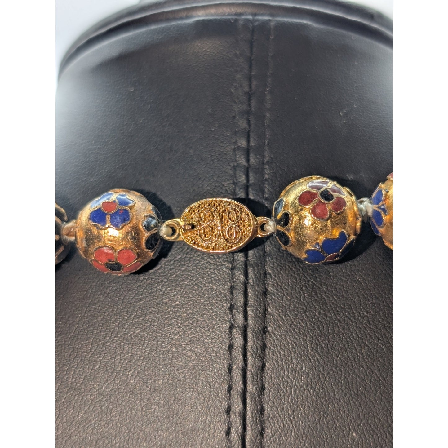 Antique Chinese Cloisonne Multi-Color Enamel Hand Knotted 14mm Bead Necklace