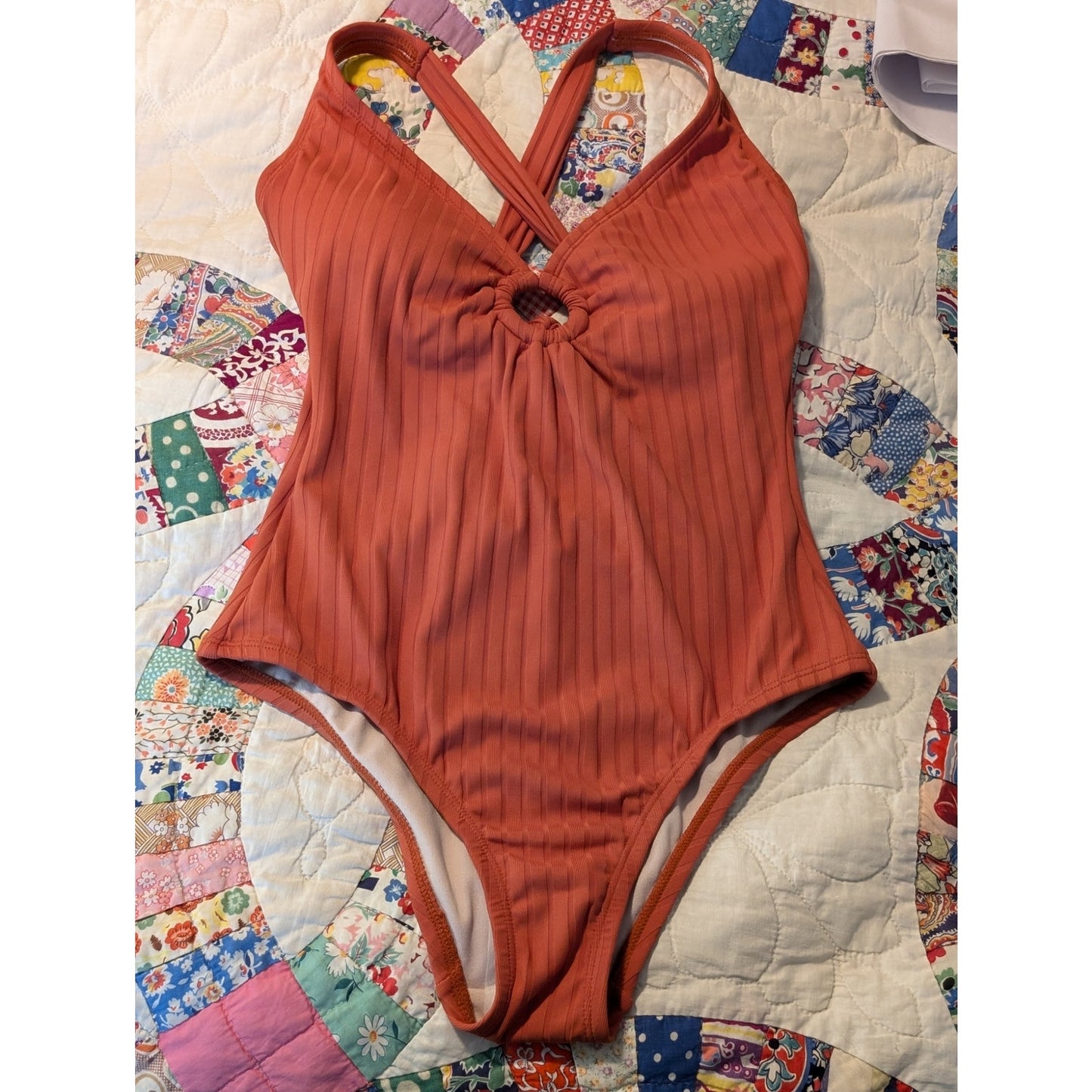 NWT Kona Sol Medium Coverage One Piece Rust Color Ribbed Bathing Suit Sz S