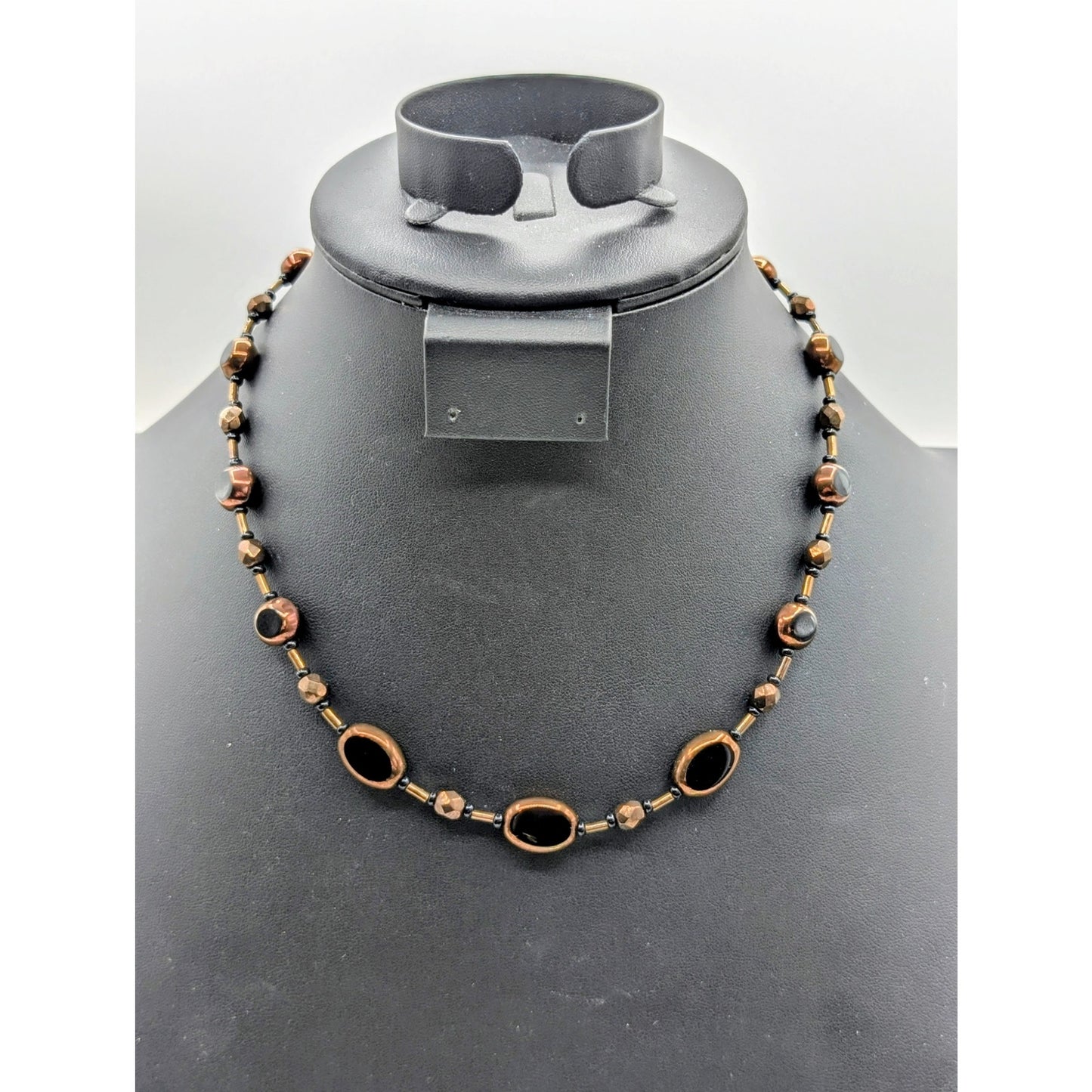 Bronze Bezel Set Black Glass Beaded Toggle Clasp 17.75" Necklace