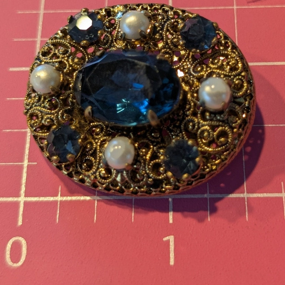 Vintage Ornate Filigree Blue Glass Stone Rhinestone Faux Pearl Gold Tone Brooch