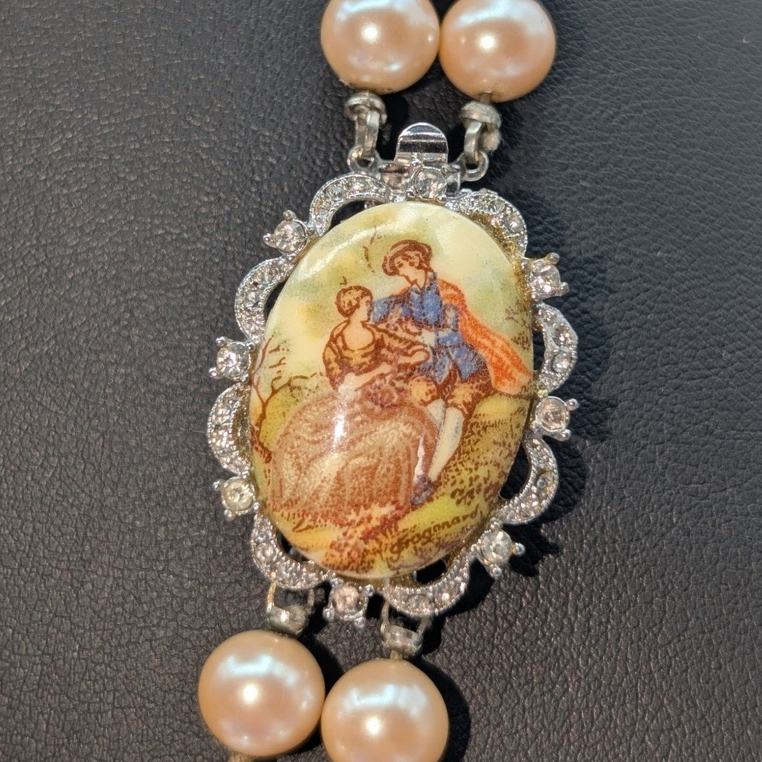 Vtg Off White Double Strand Courting Rhinestone Clasp Faux Pearl Necklace