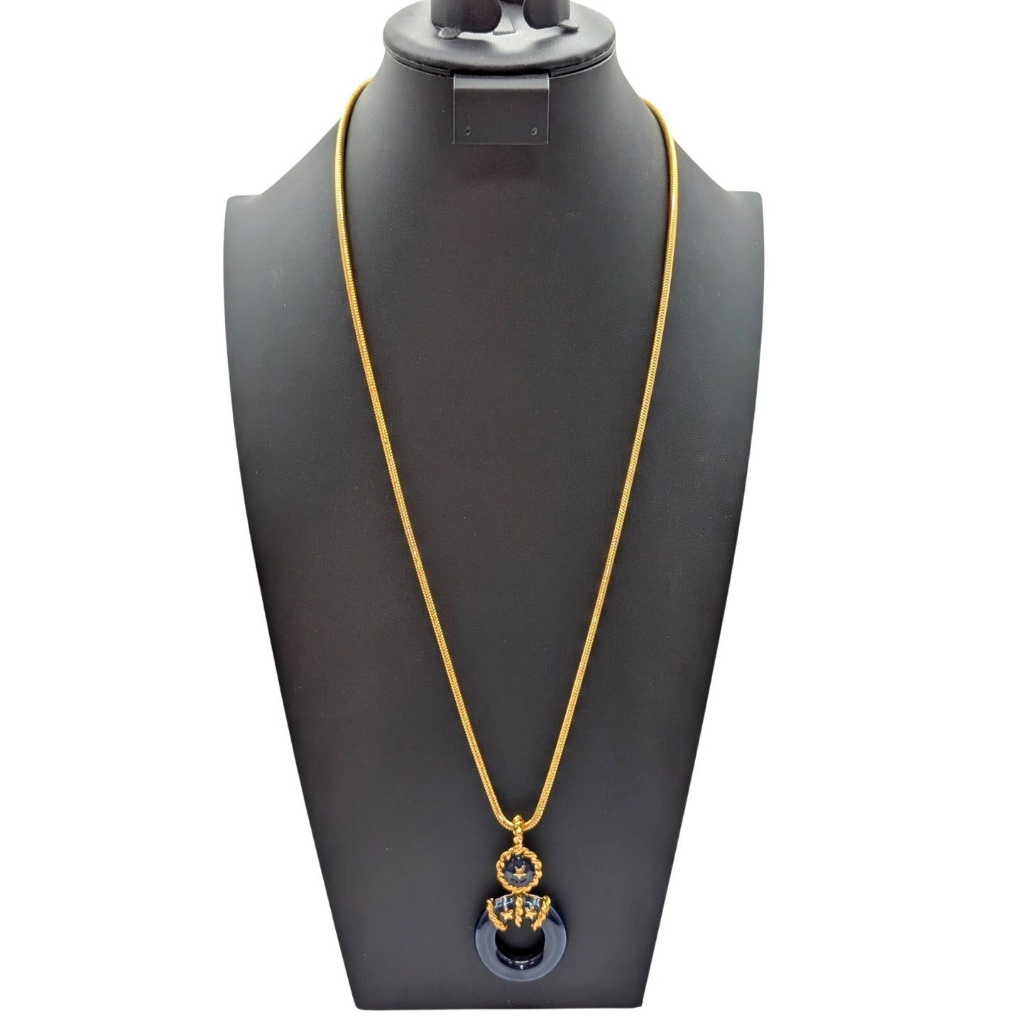 Nautical Navy Enamel Life Preserver Pendant Gold Tone Long Snake Chain Necklace