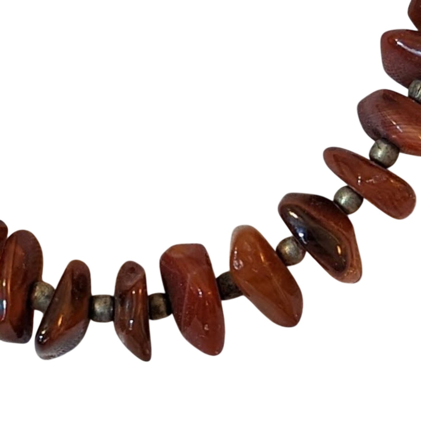 Vintage Red Brown Stone Beaded Chip Necklace with Brass Accents