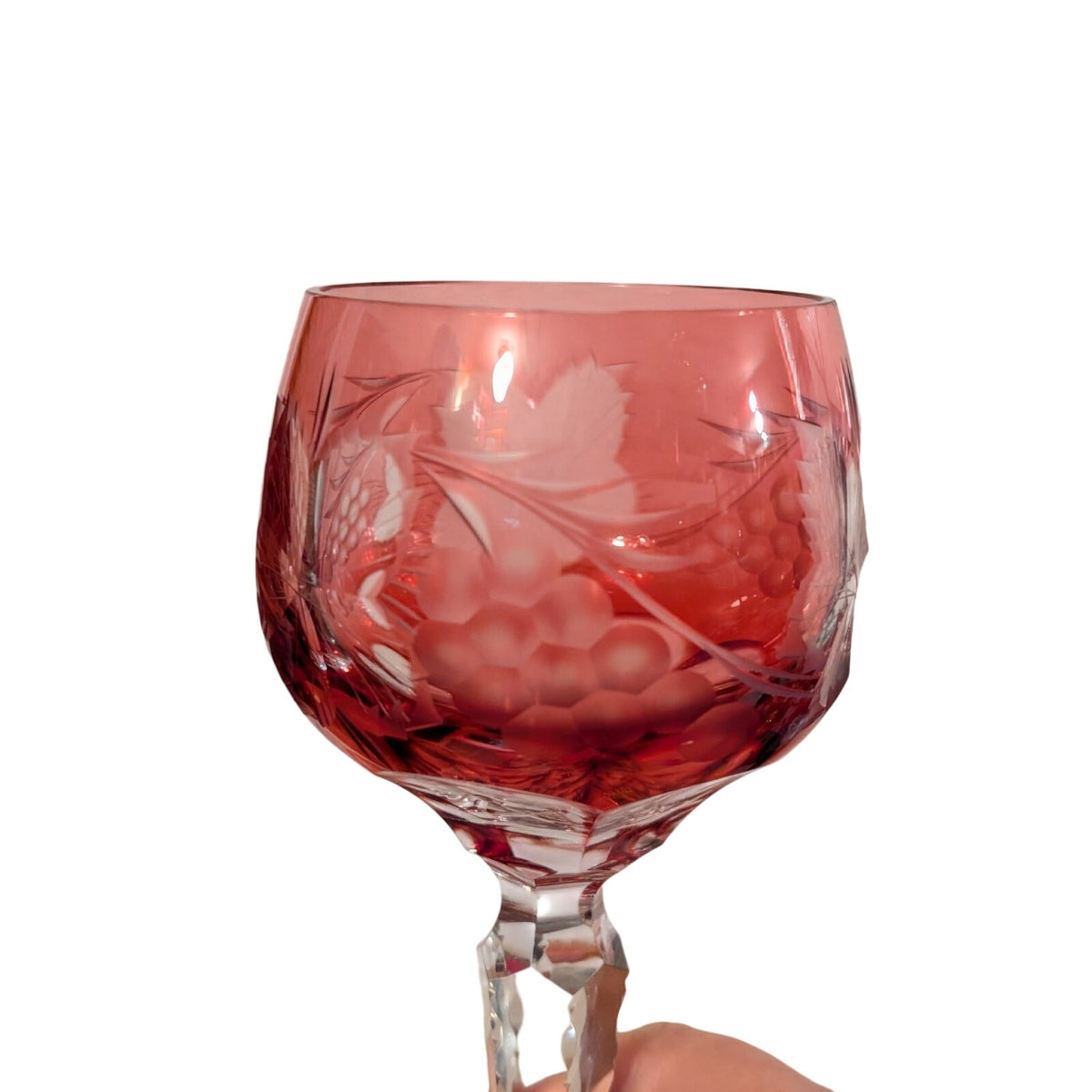 Vtg Two Czech Bohemian Red Cut to Clear Crystal Grapes Design Wine Stem Goblets