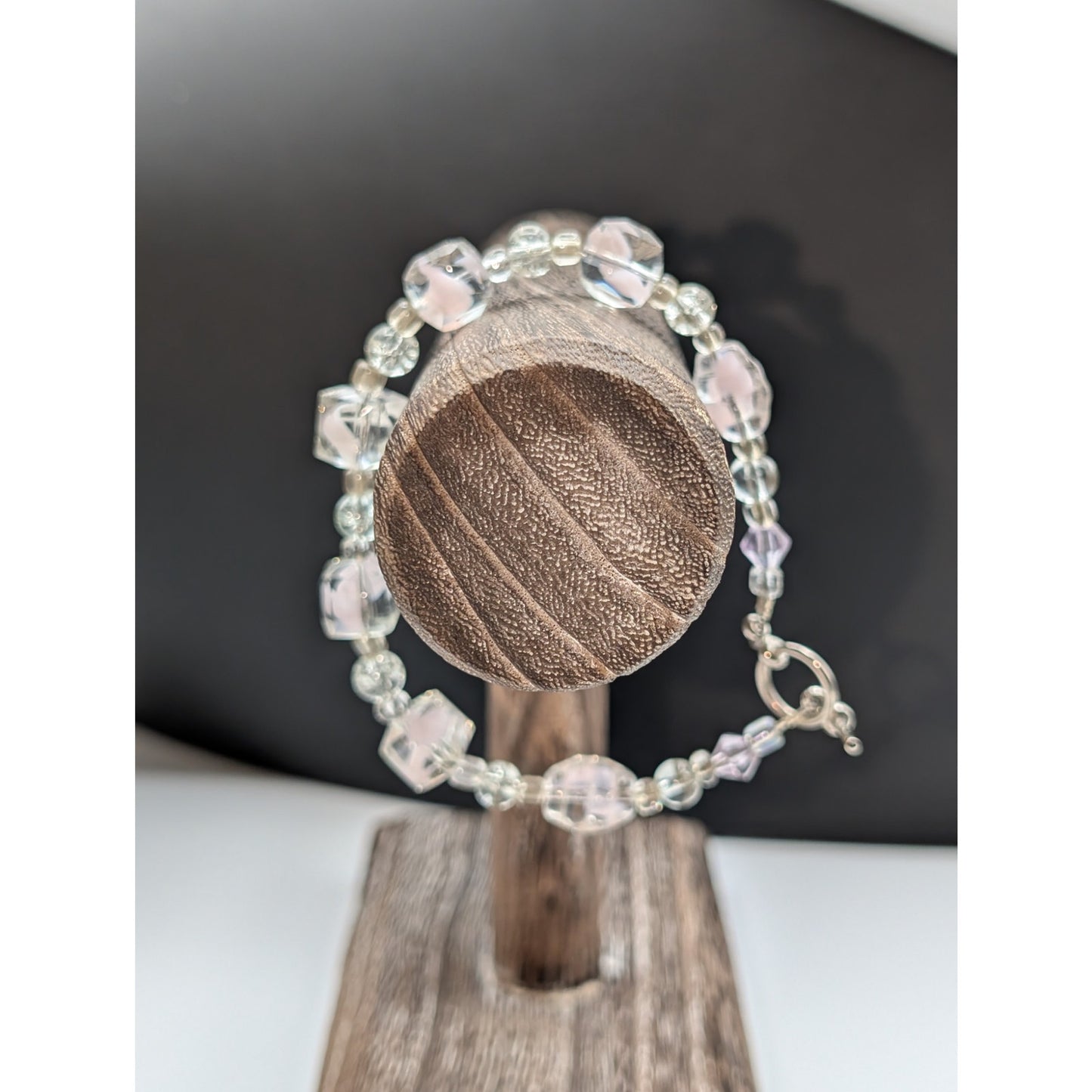 Multi-Shape Glass Beads W/ Pink Cloud Inside Silver Tone Toggle Clasp Bracelet