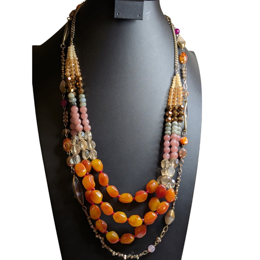 Two Coordinating Loft Beaded Orange Pink Yellow Gold Tone Beaded Long Necklaces