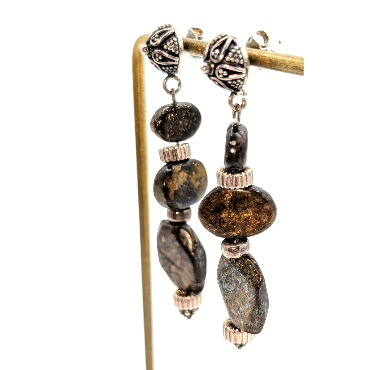 Vintage Brown Stone Sterling Silver Dangle Bead Post Earrings