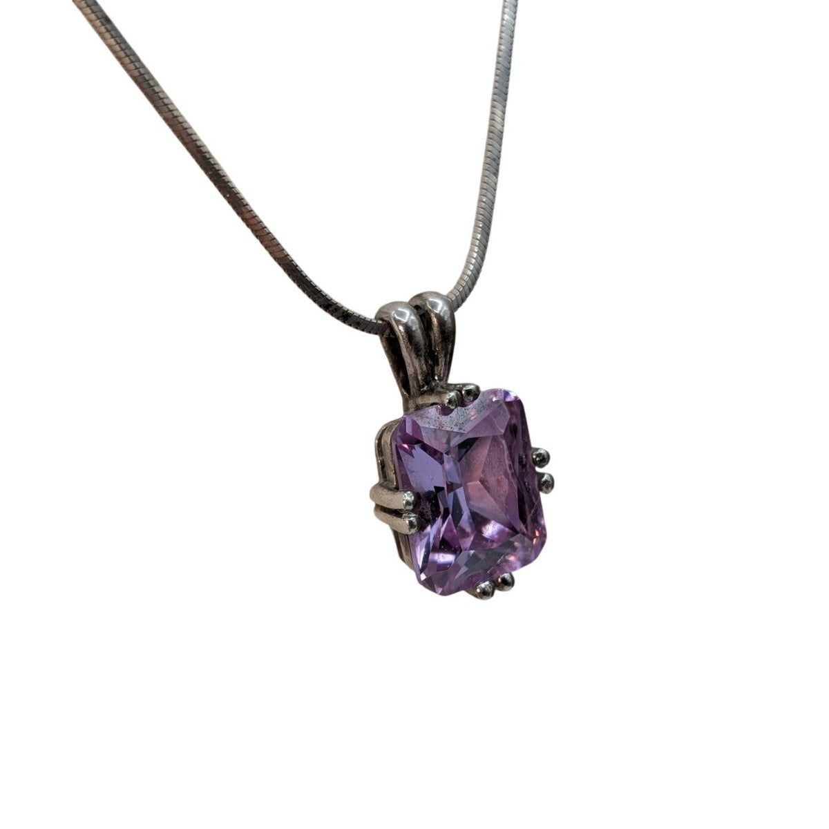 925 Sterling Silver Square Herringbone 20" Chain Lavender CZ Pendant Necklace