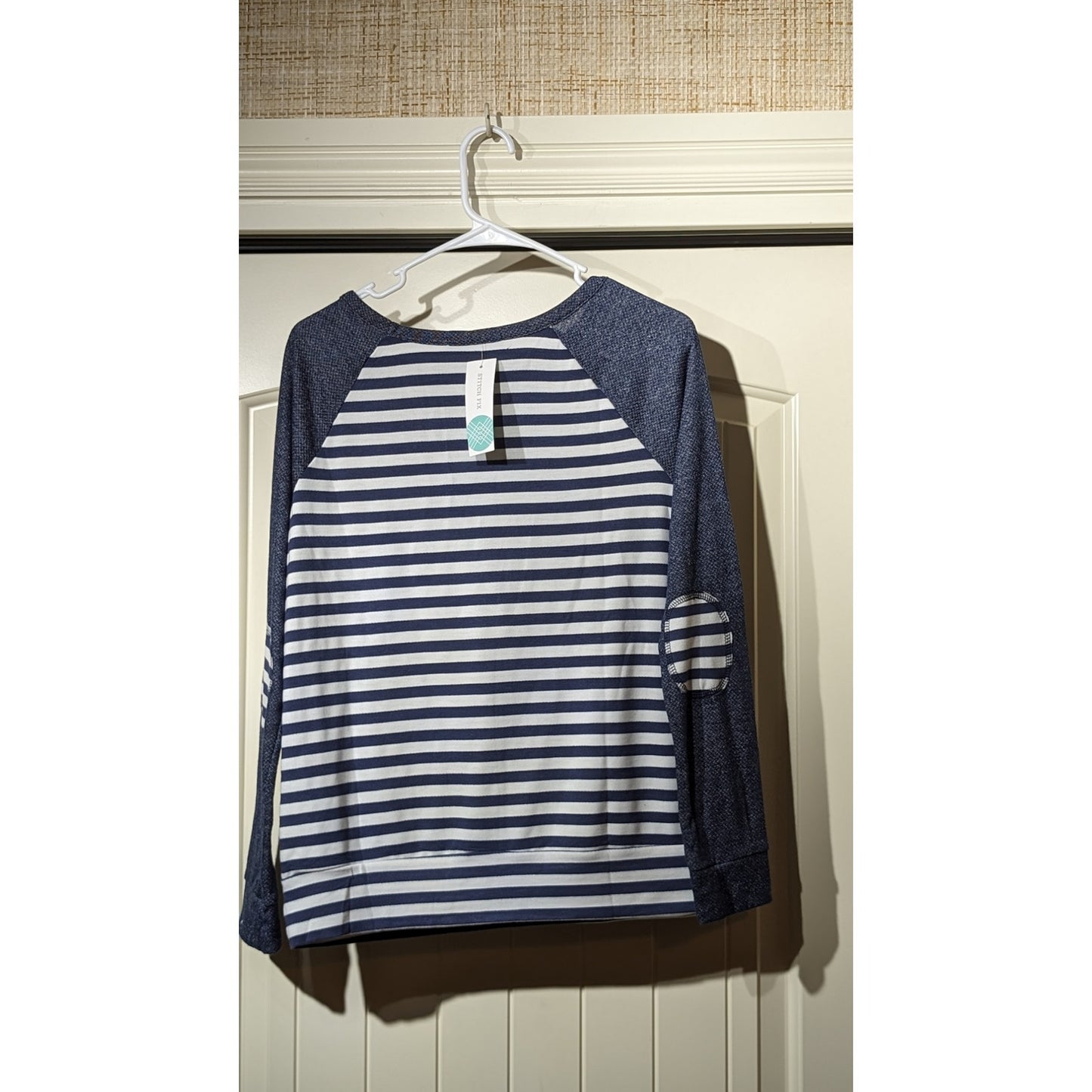 Loveappella Malbec Elbow Patch Blue Striped Knit Top Womens Sz M