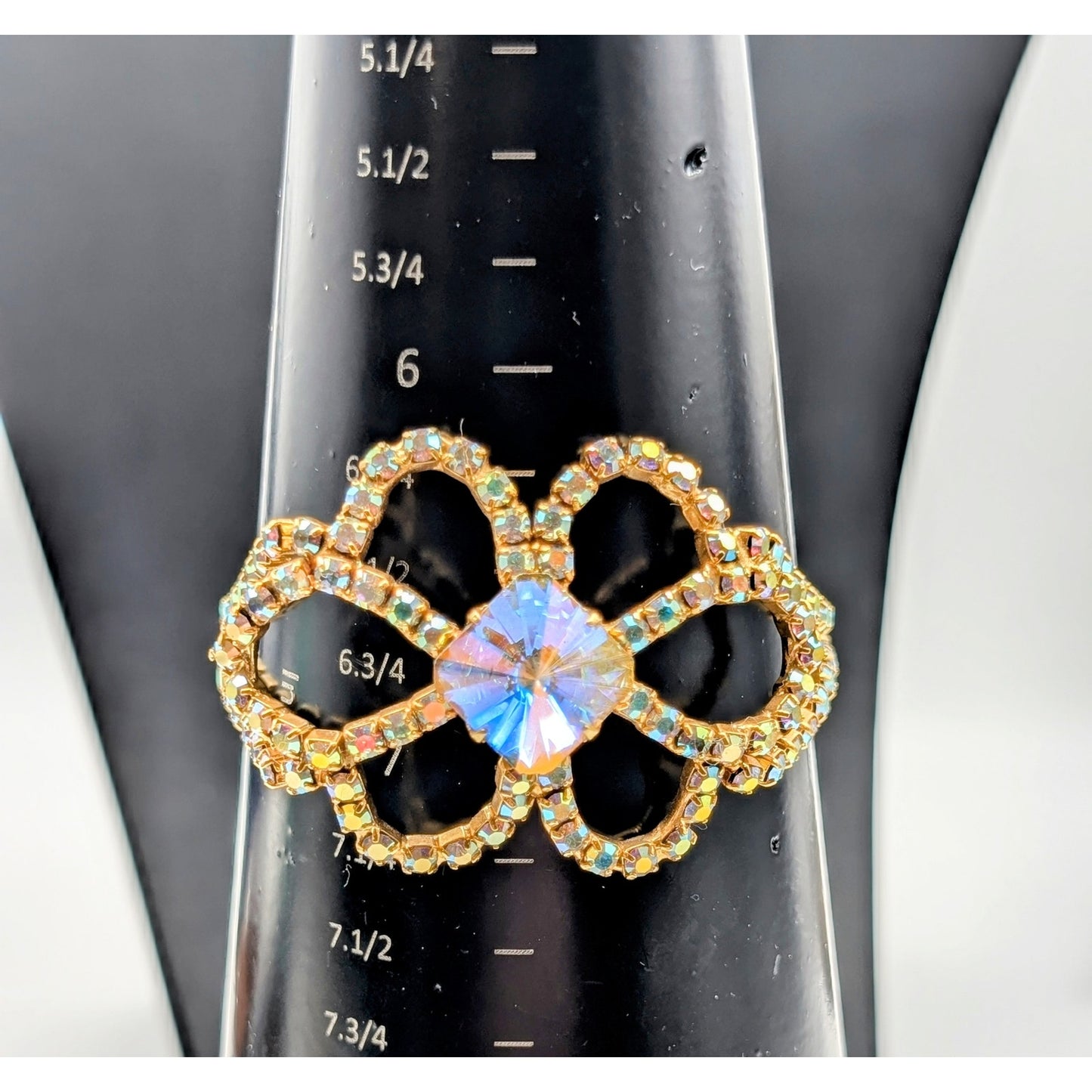 Vintage Mid-Century AB Crystal Rhinestone Gold Tone Bracelet W/ Safety Chain