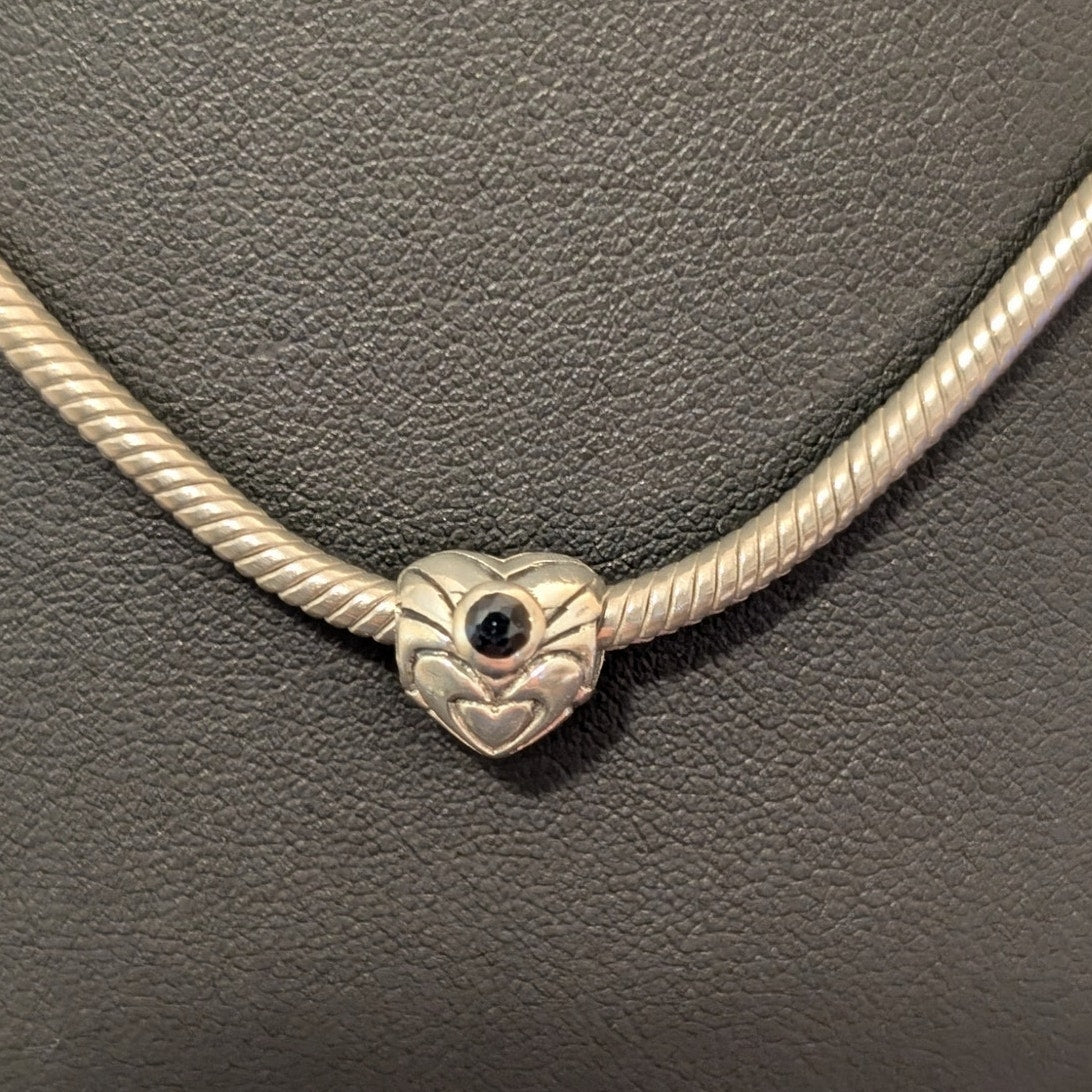925 Sterling 16.5" Snake Chain Black Spinel Heart Sliding Charm 16.5" Necklace