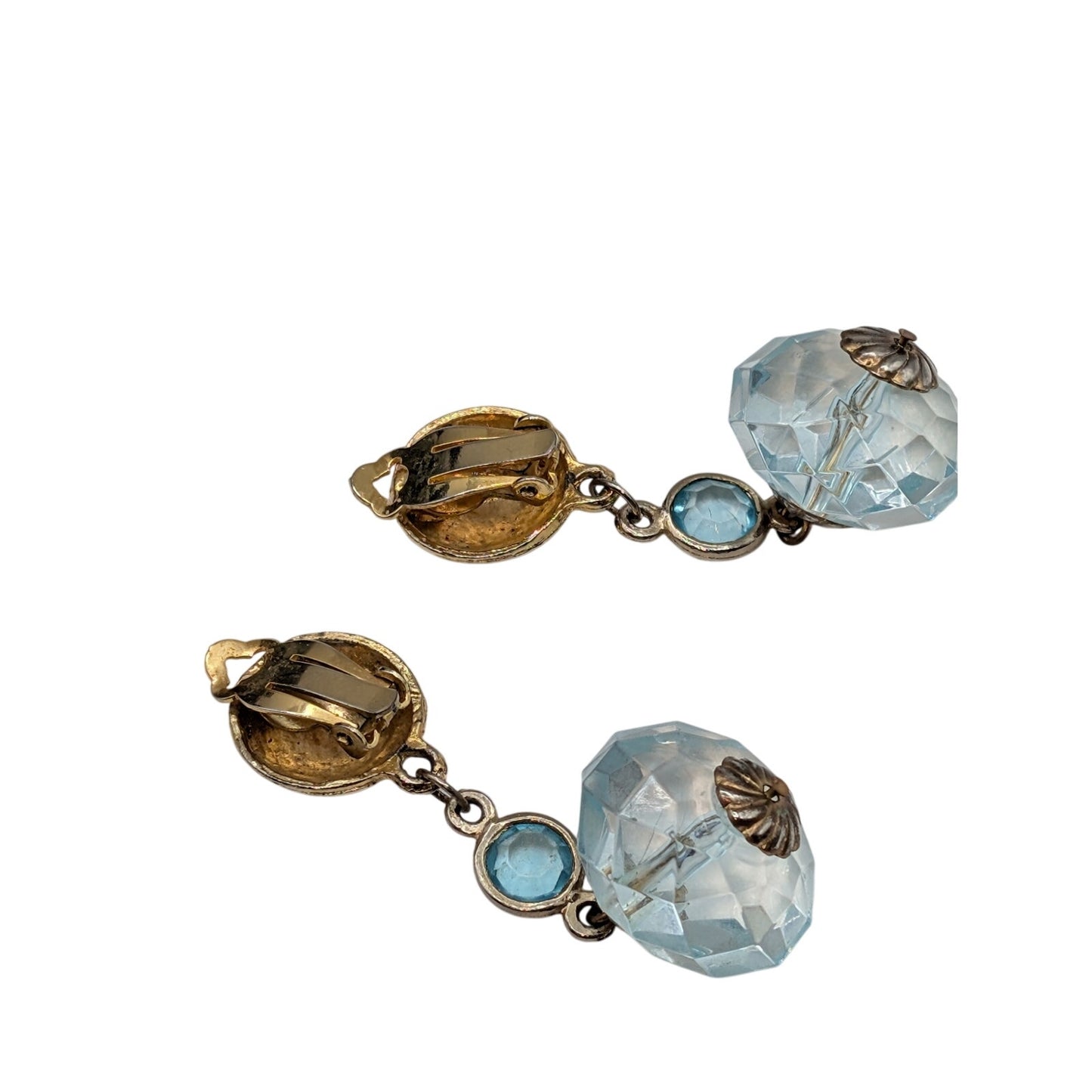 Vintage Light Blue Lucite Gold Tone Rope Design Clip On Dangle Earrings