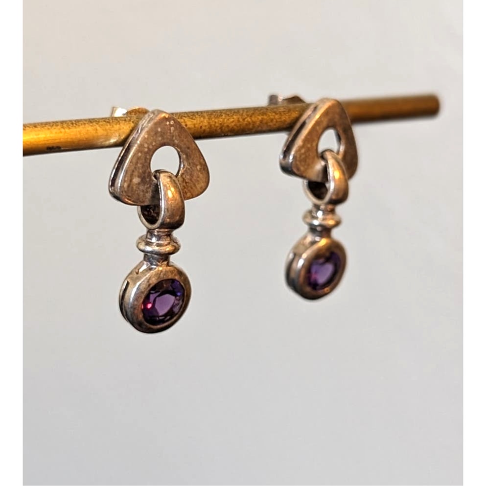 Marked 925 Sterling Bezel Set Genuine Amethyst Gemstone Dangle Post Earrings