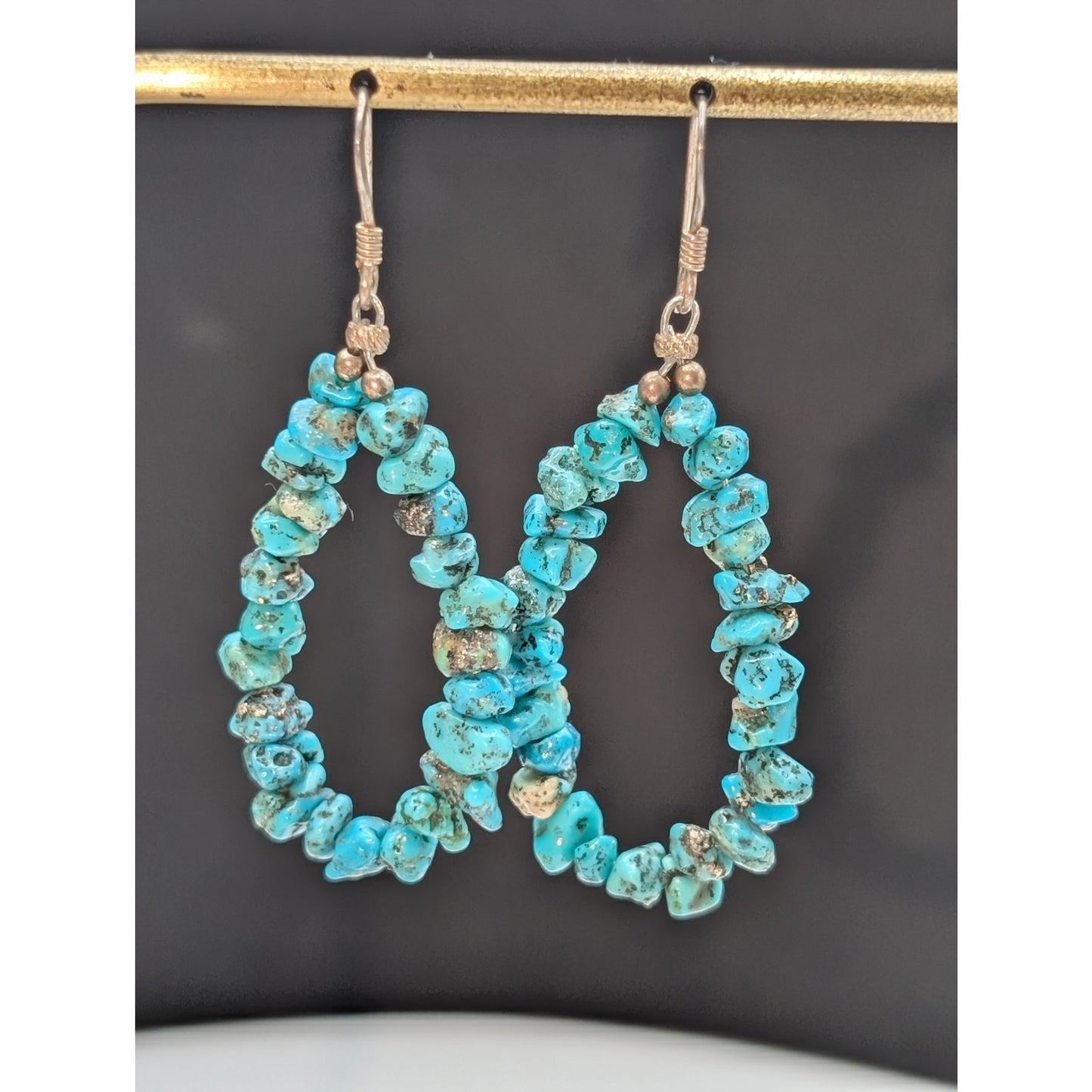 Vintage 925 Sterling Silver Turquoise Chip Bead Dangle Earrings