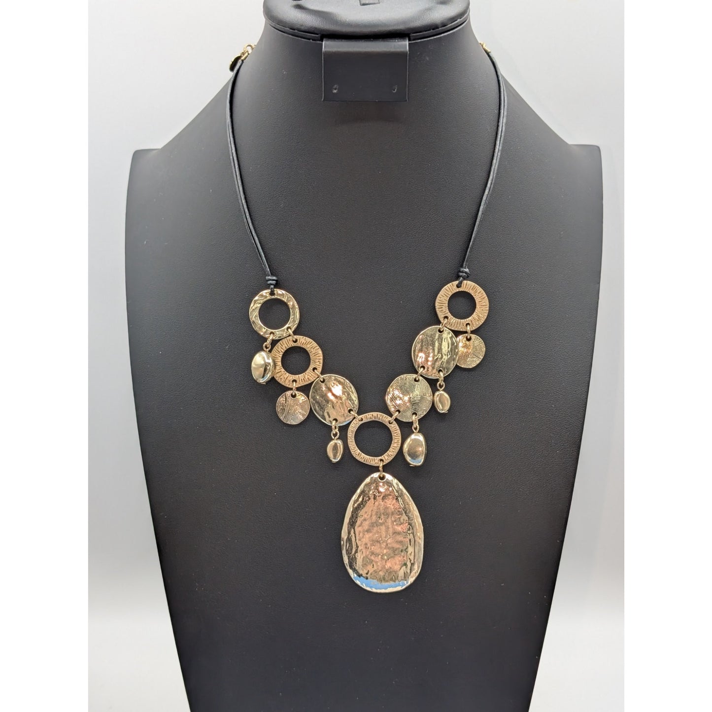 Chico's Gold Tone Hammered Metal Disk Dangles Corded 17"-21" Necklace
