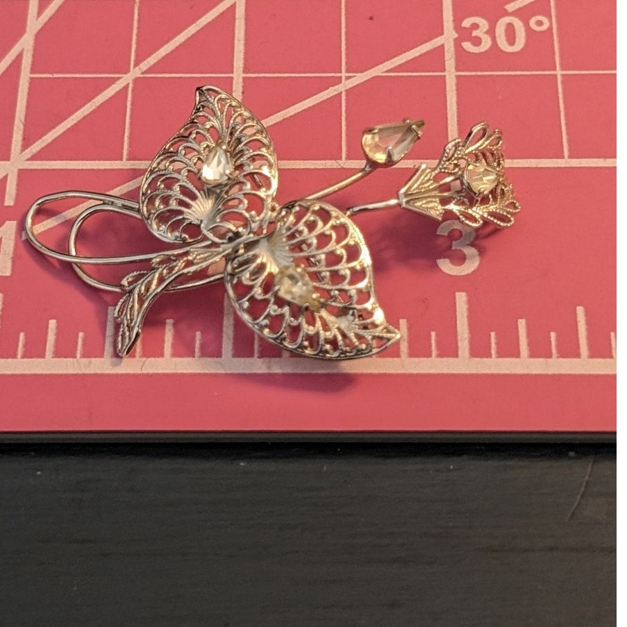 Signed Vintage Titan Sterling Filigree Rhinestone Floral Brooch