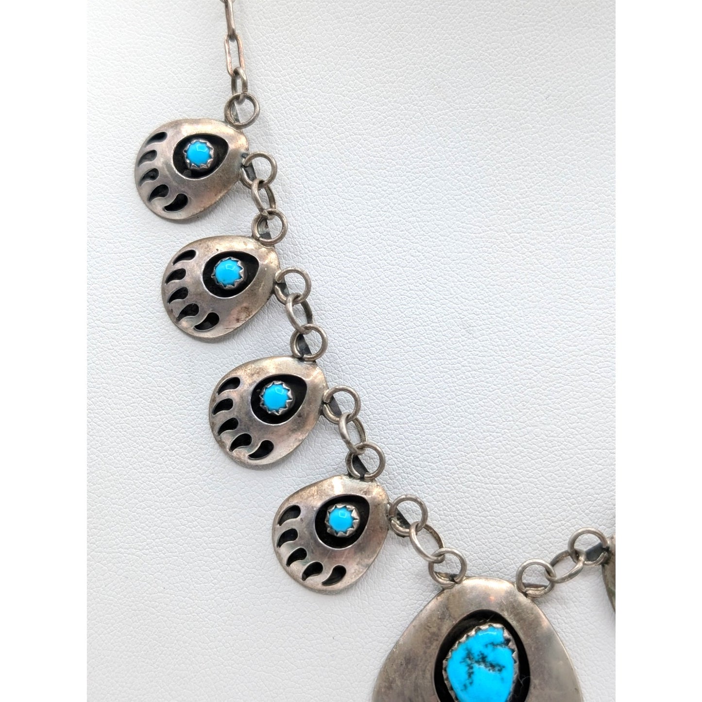 Vintage Navajo Signed SJ Sterling Silver Turquoise Bear Claw Chain 19" Necklace