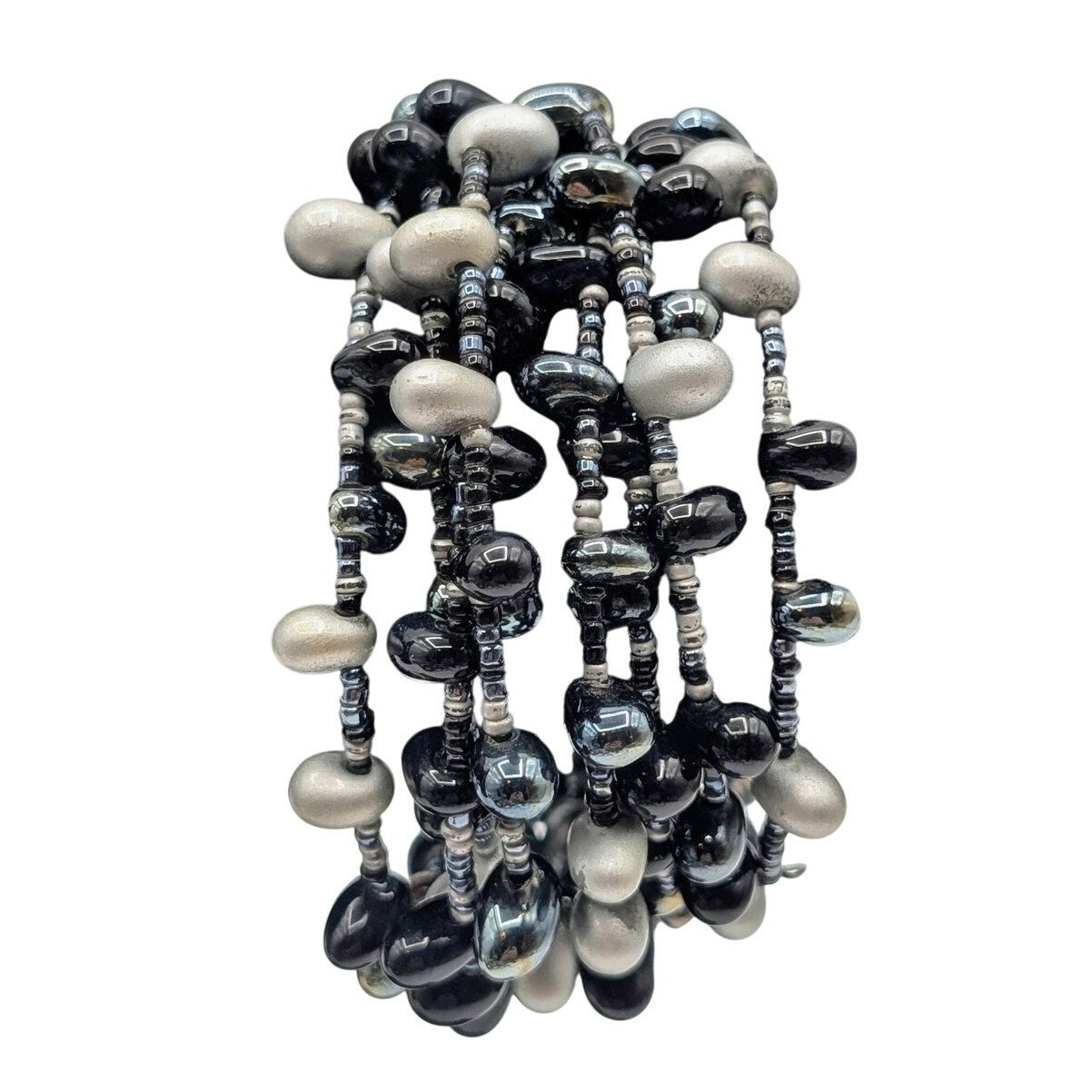Lot of Two Black Gray Faux Pearl Crystal Wire Wrap & Stretch Bracelets