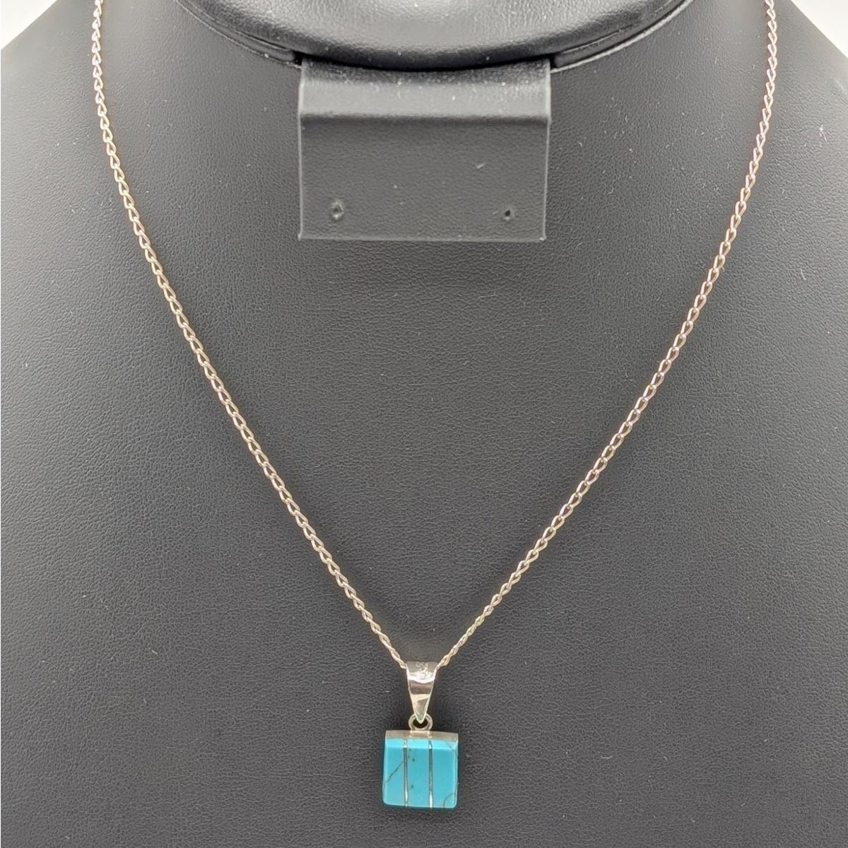 Vtg 925 Sterling Silver Zuni Turquoise Silver Inlay Pendant 16" Chain Necklace