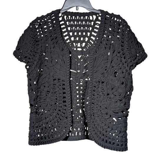 Coldwater Creek Black Crochet 100% Cotton Open Front Open Weave Sweater Sz S