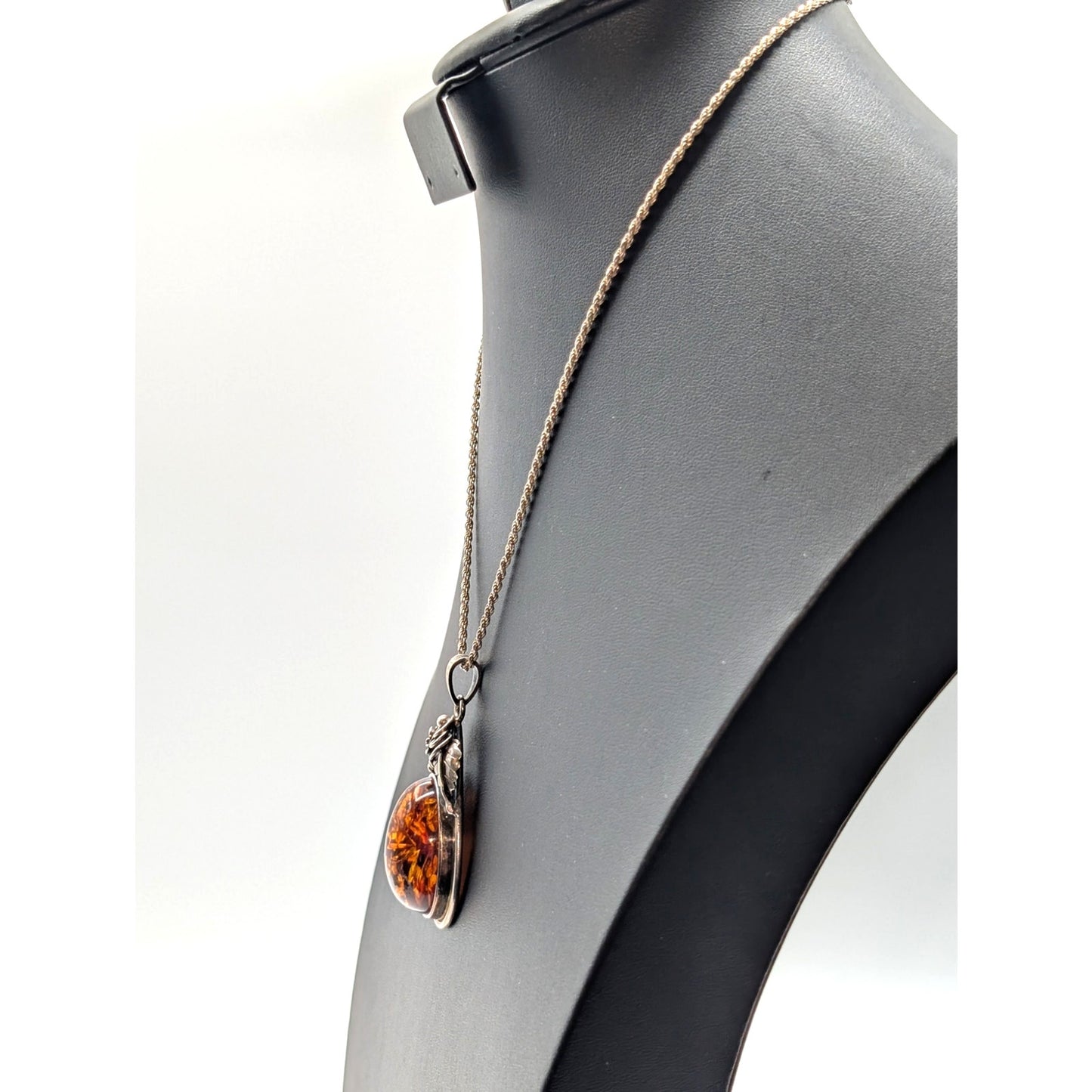 Vintage Large Baltic Amber Sterling Silver Rose Leaf Design Pendant Necklace