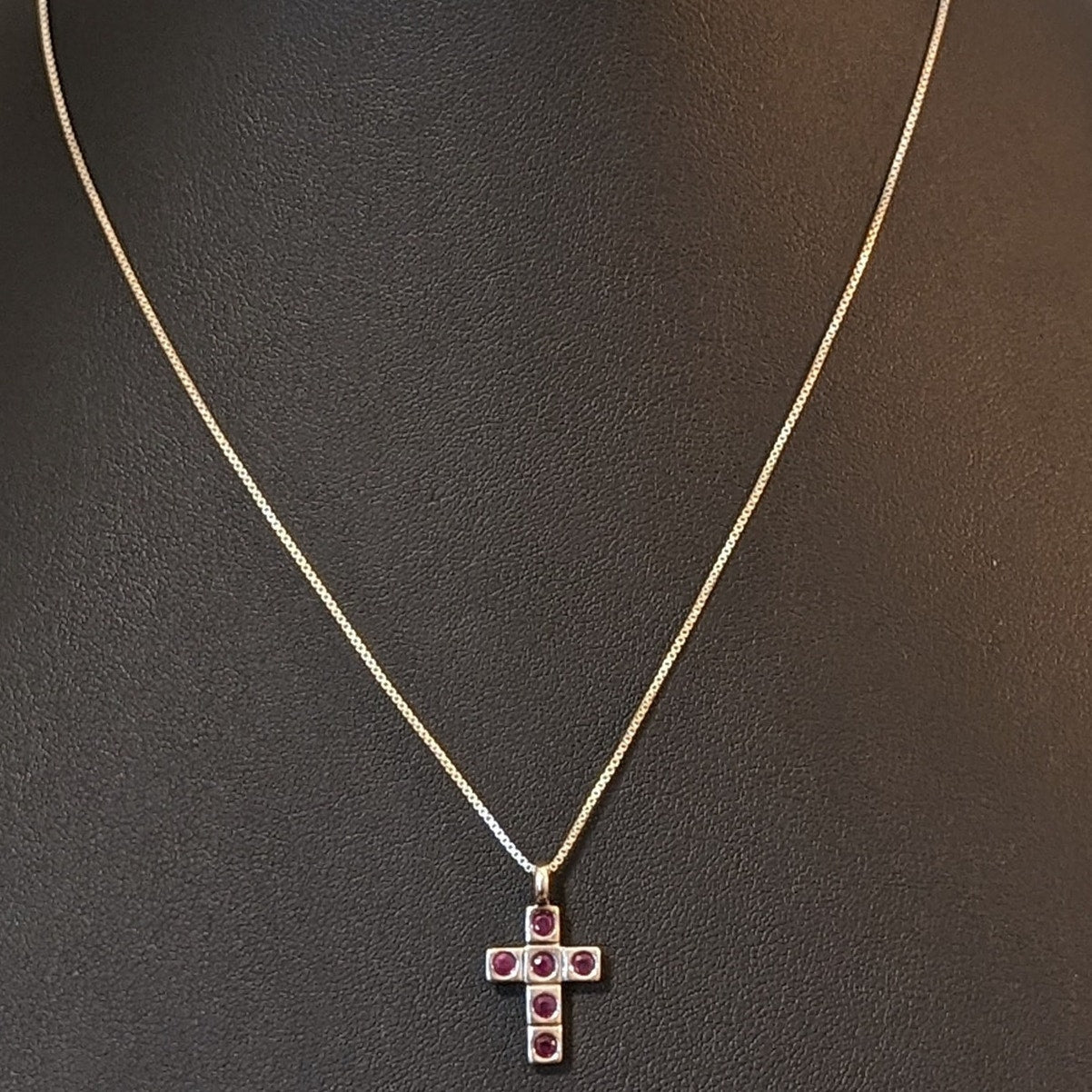 ELLE Signed Tested Ruby Cross Sterling Silver Pendant on 925 Box Chain Necklace